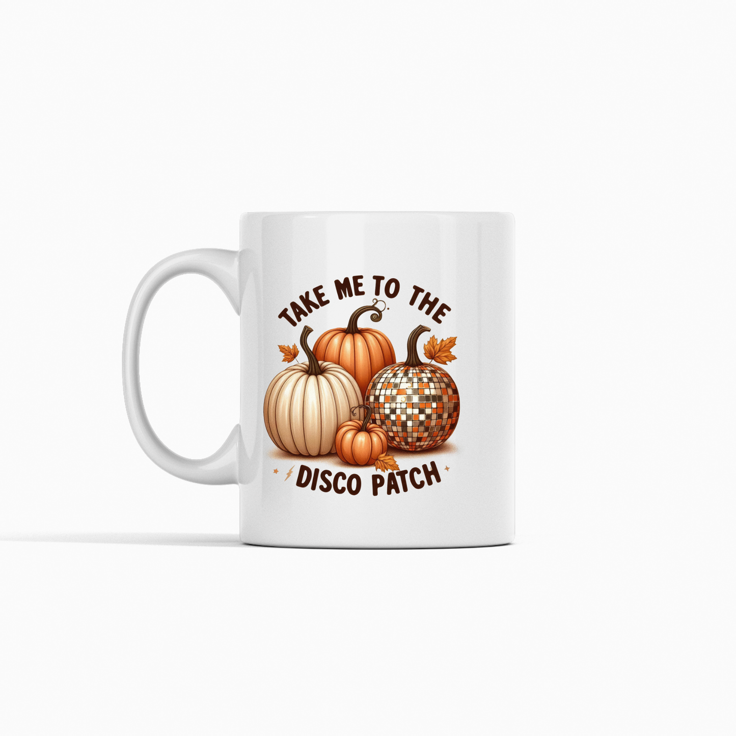 The "Take Me to the Disco Patch Mug" is a funny fall gift featuring retro pumpkins—including a disco ball pumpkin—and playful text, making it the perfect autumn coffee mug.