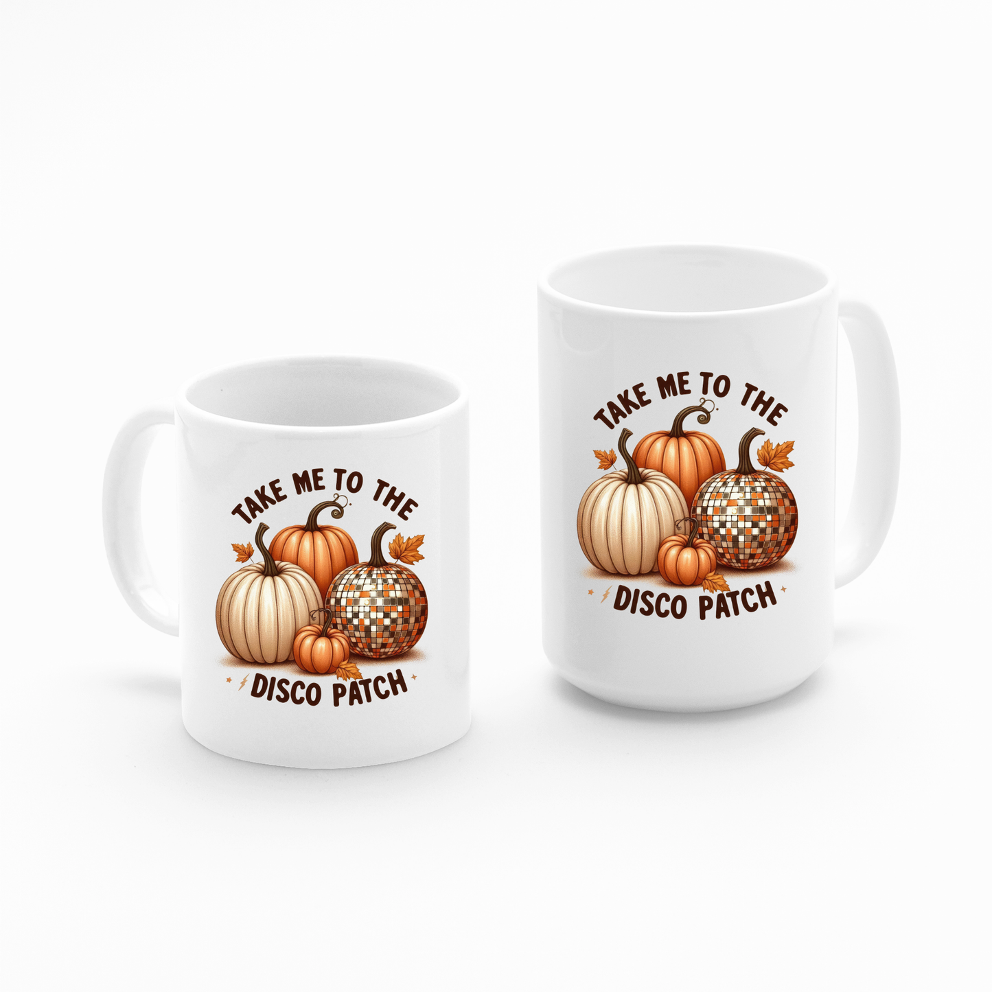 The Take Me to the Disco Patch Mug is a white mug featuring orange, white, and disco ball pumpkins with leaves and the phrase “Take Me To The Disco Patch.” It’s the perfect retro autumn mug for your fall coffee moments.