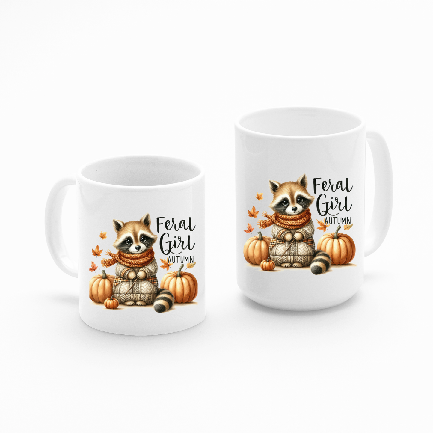 The Feral Girl Autumn Mug | Cozy Raccoon Fall Coffee Cup features a raccoon in a sweater and scarf among pumpkins and leaves with "Feral Girl Autumn" text—perfect for cozy fall vibes and your favorite autumn beverages.