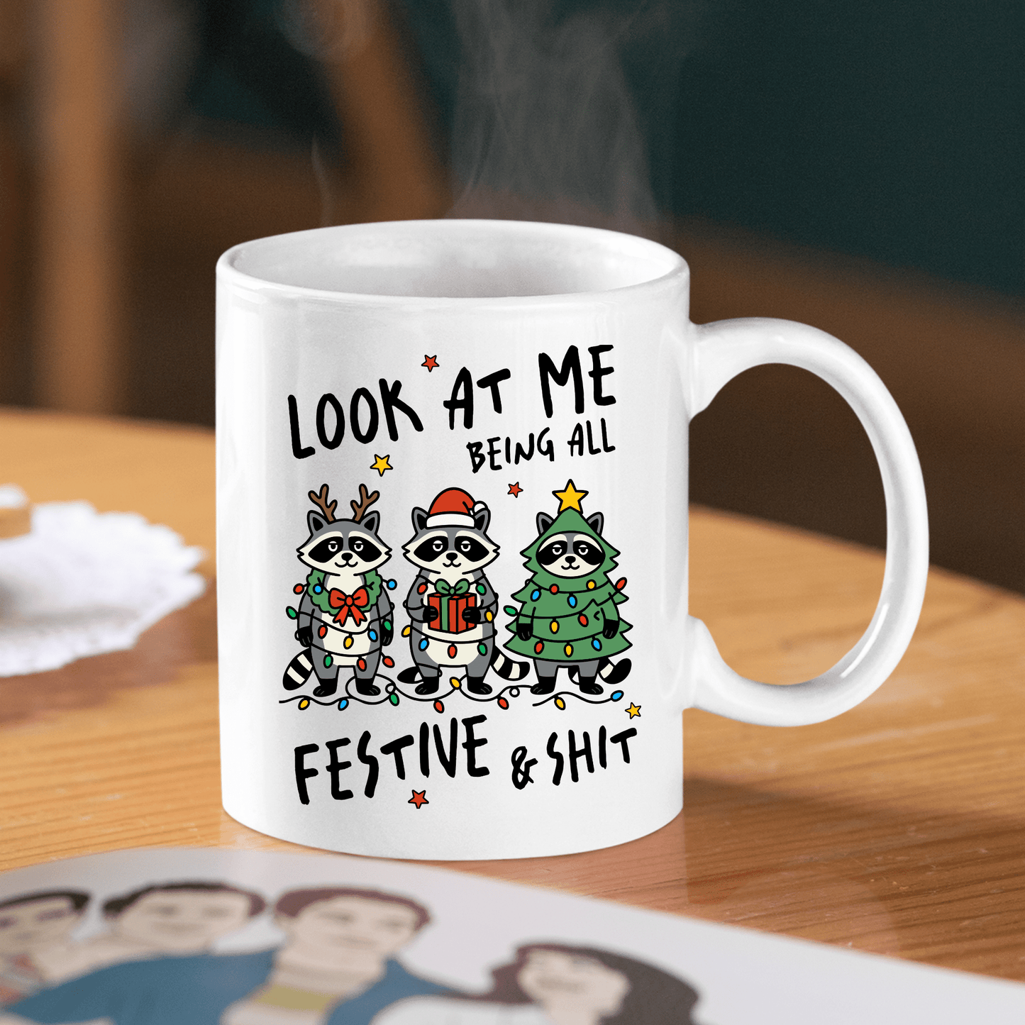 Festive and Shit Raccoon Christmas Mug - Granville Designs