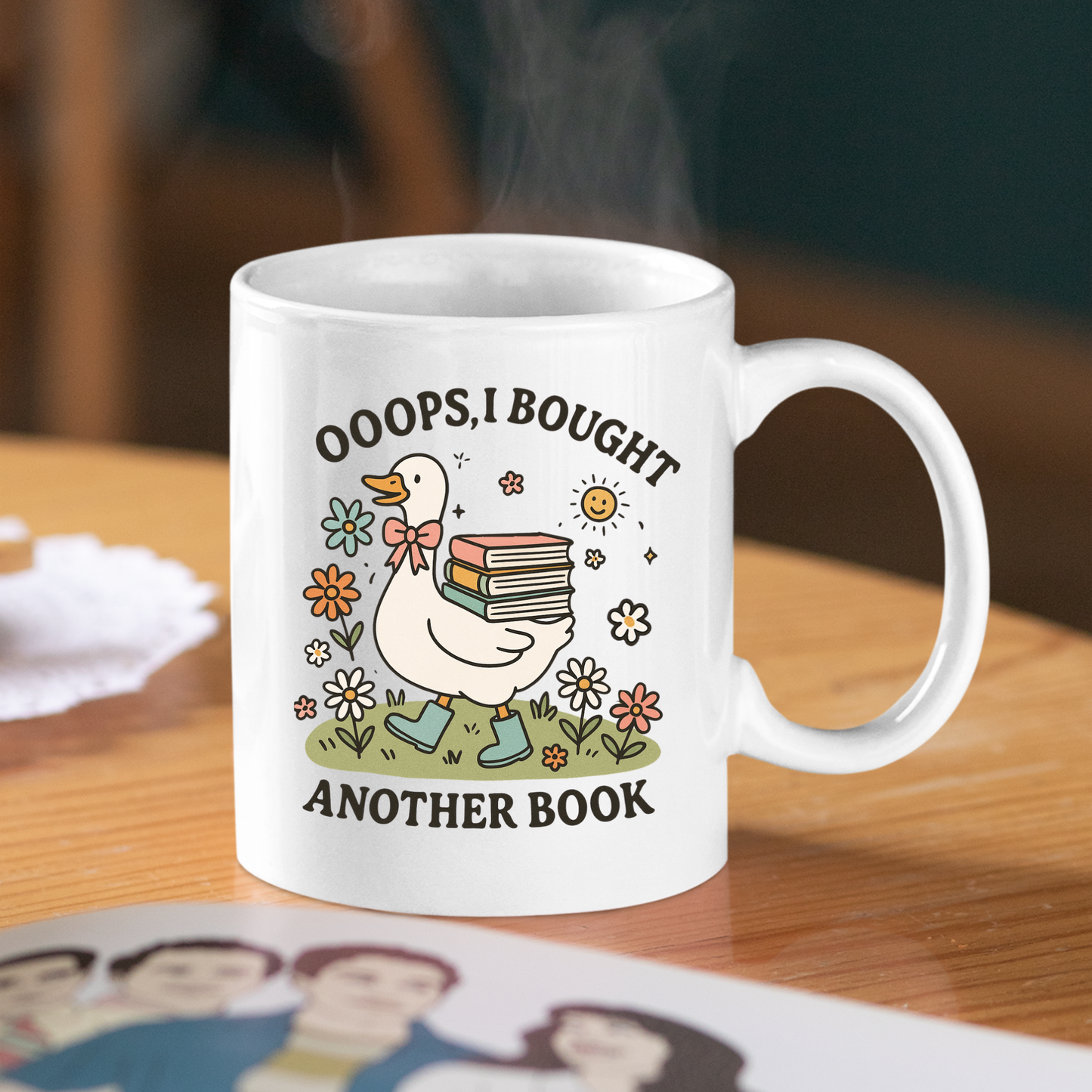 Sip in style with the Book Lover Mug | Ooops, I Bought Another Book Goose—featuring a boot-wearing goose with books, flowers, and sun. A perfect cottagecore gift for readers who can’t resist just one more book!.