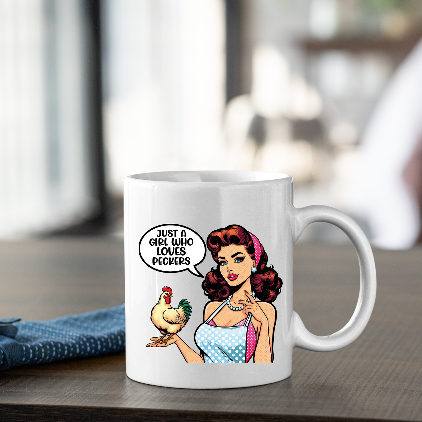 The Chicken Lover Mug | Just a Girl Who Loves Peckers is a white mug featuring a retro pin-up farm gal with a chicken and the phrase "Just a girl who loves peckers"—a funny gift for chicken moms and poultry enthusiasts.