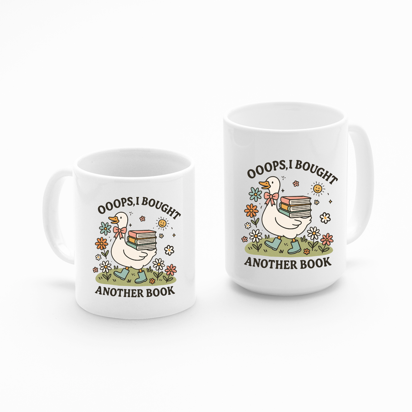 The Book Lover Mug | Ooops, I Bought Another Book Goose features a cozy design with a goose holding books among flowers—perfect as a charming gift for book lovers and ideal for relaxing reading moments.