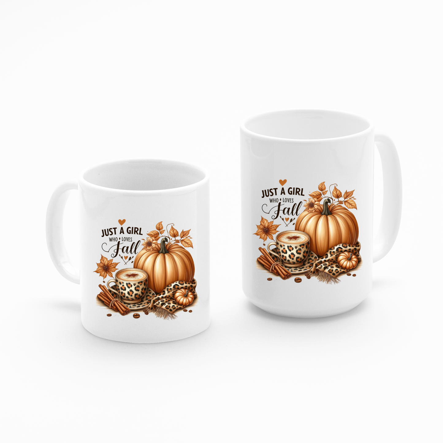 The "Just a Girl Who Loves Fall Mug | Leopard Print Autumn Coffee Cup" features white ceramic with autumn designs—pumpkins, fall leaves, cinnamon sticks, and leopard print. Each mug reads, "Just a girl who loves fall.