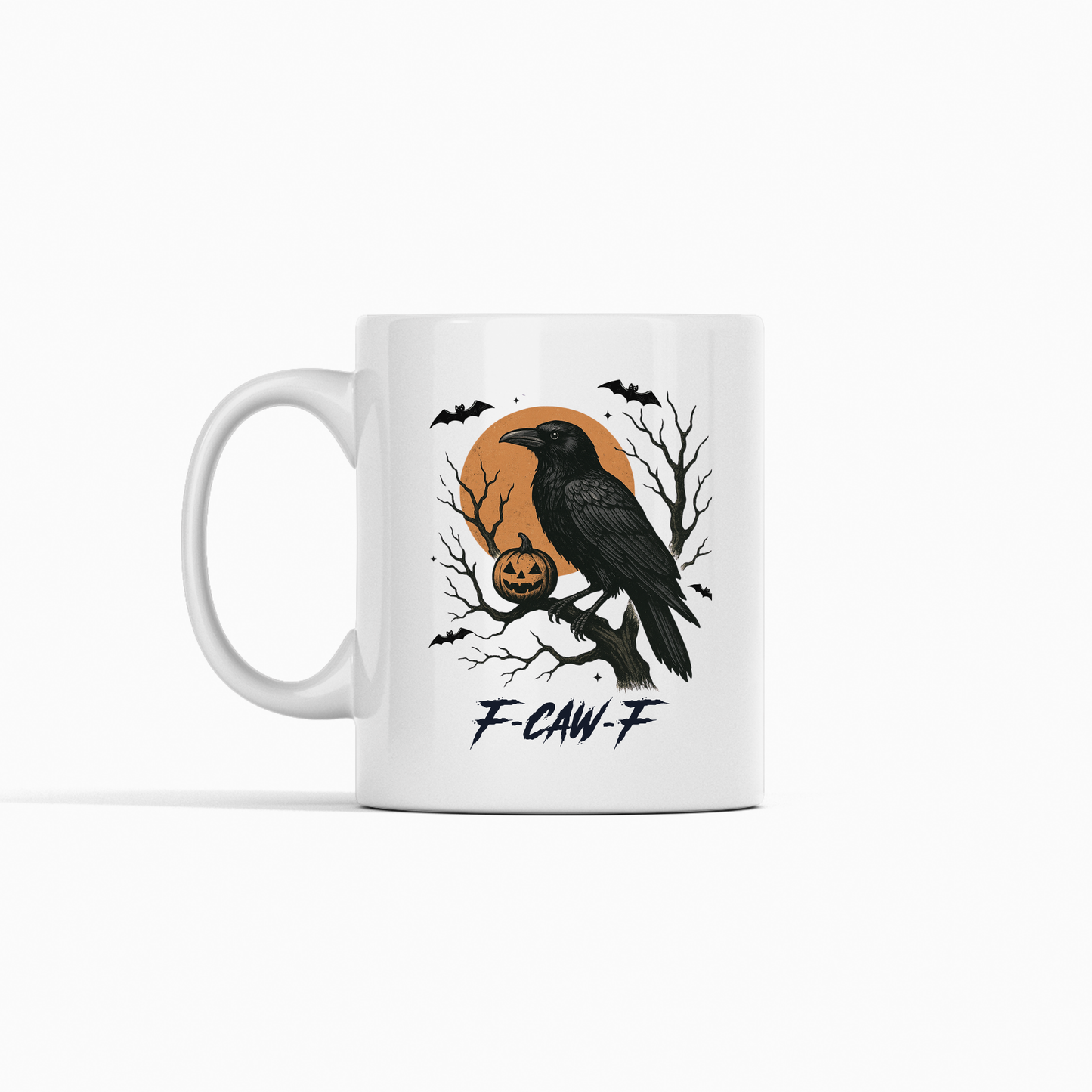 F-CAW-F Raven Mug: White Gothic Halloween coffee cup with a black raven on a bare branch, bats, jack-o’-lantern, and orange full moon. Perfect for spooky season—text reads “E-CAW-Z.”.