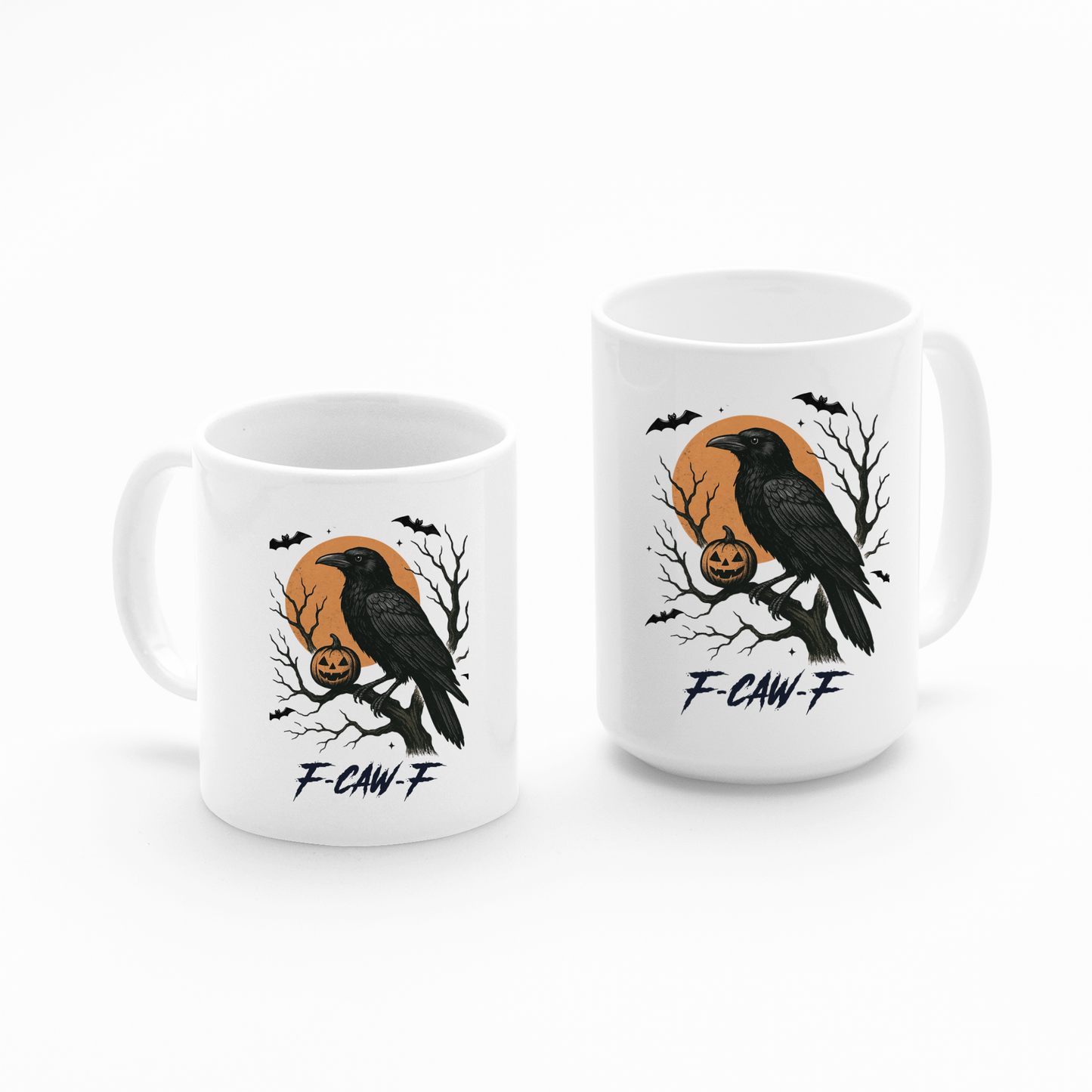 Set of two white F-CAW-F Raven Mugs, each with a Gothic Halloween design: a black raven on a branch, carved pumpkin, bats, and an orange moon. "F-CAW-F" is printed below the illustration.