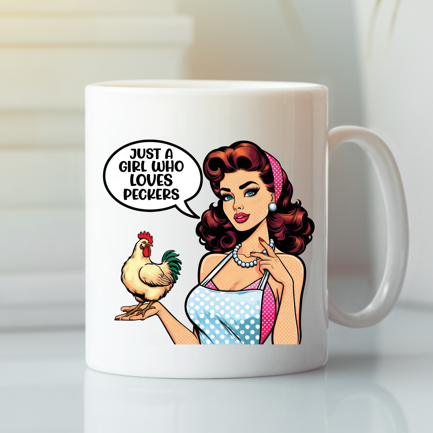 The Chicken Lover Mug | Just a Girl Who Loves Peckers features a retro woman in a polka dot dress holding a chicken with the fun quote, making it the perfect chicken-themed gift for any proud chicken mom.