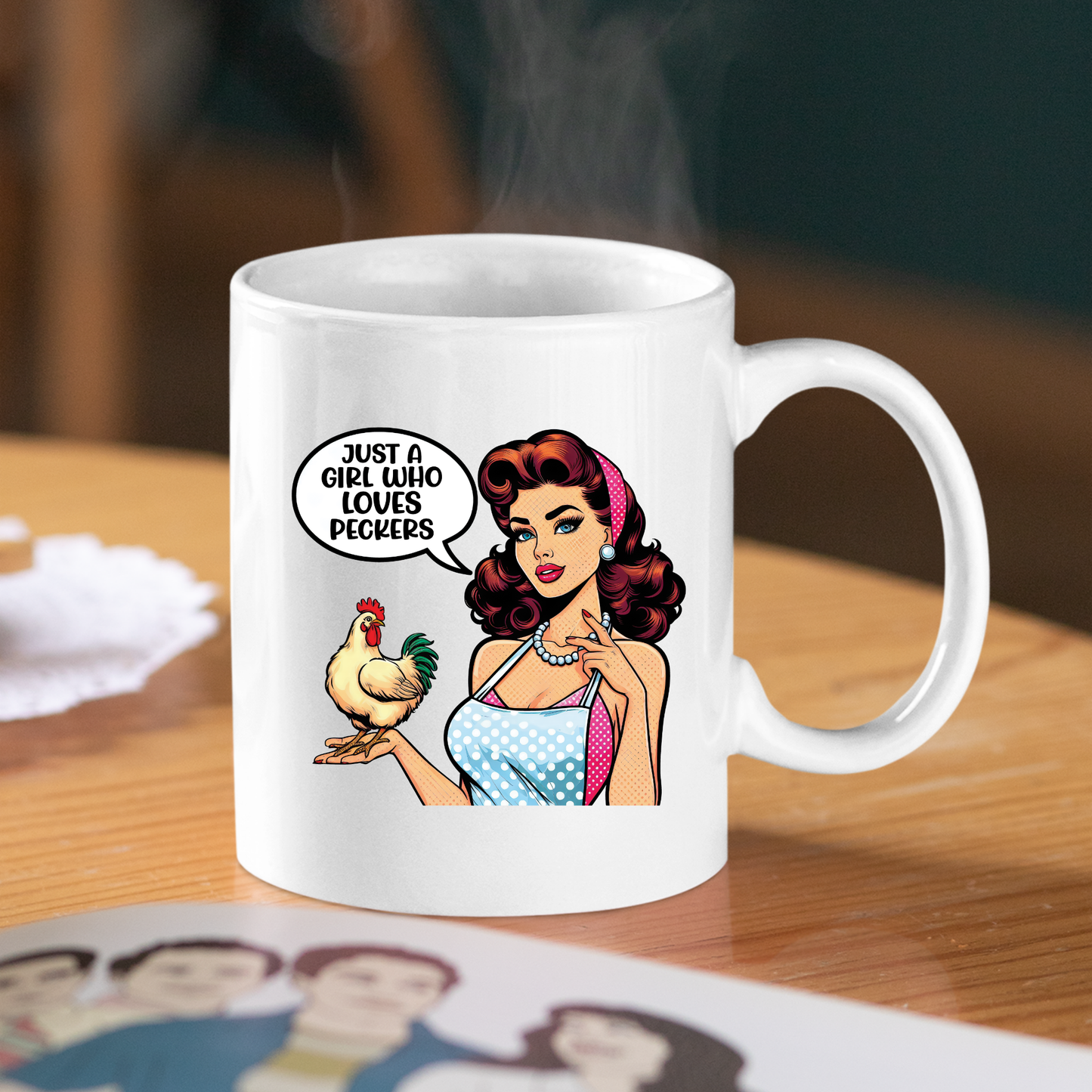 The Chicken Lover Mug | Just a Girl Who Loves Peckers features a retro pin-up farm girl with a rooster and the fun quote, “Just a girl who loves peckers”—a perfect quirky gift for chicken moms who enjoy chicken-themed humor.