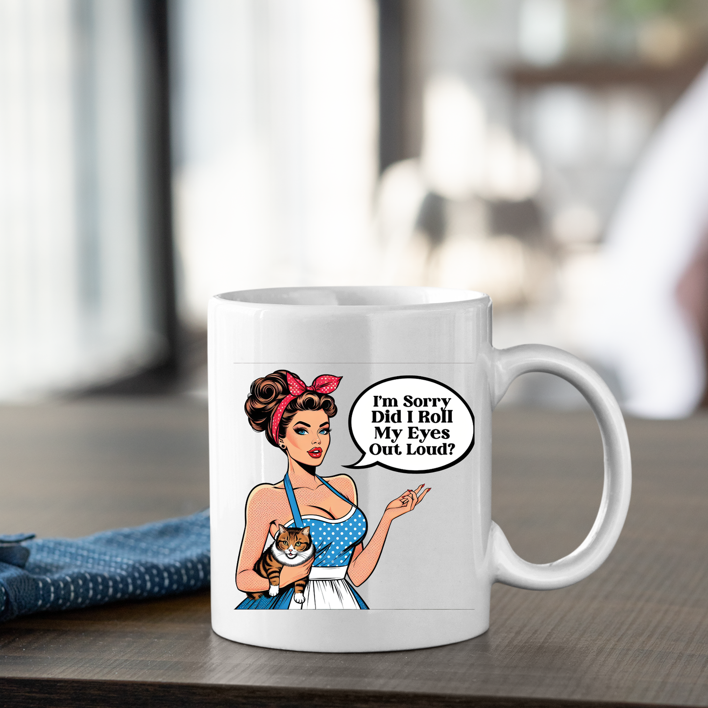 The Did I Roll My Eyes Out Loud Mug features a retro cartoon woman in a blue polka dot dress with a cat and speech bubble. A funny coffee gift, perfect for cat lovers!.