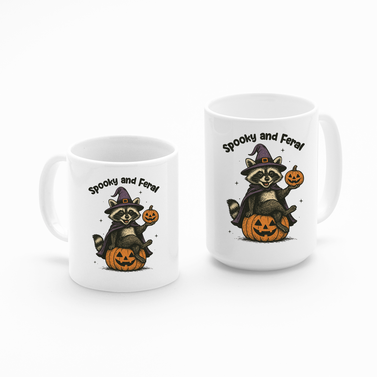 The Spooky and Feral Raccoon Mug features a cute raccoon in a witch hat with pumpkins and “Spooky and Feral” text—a funny Halloween gift, perfect for raccoon lovers!.