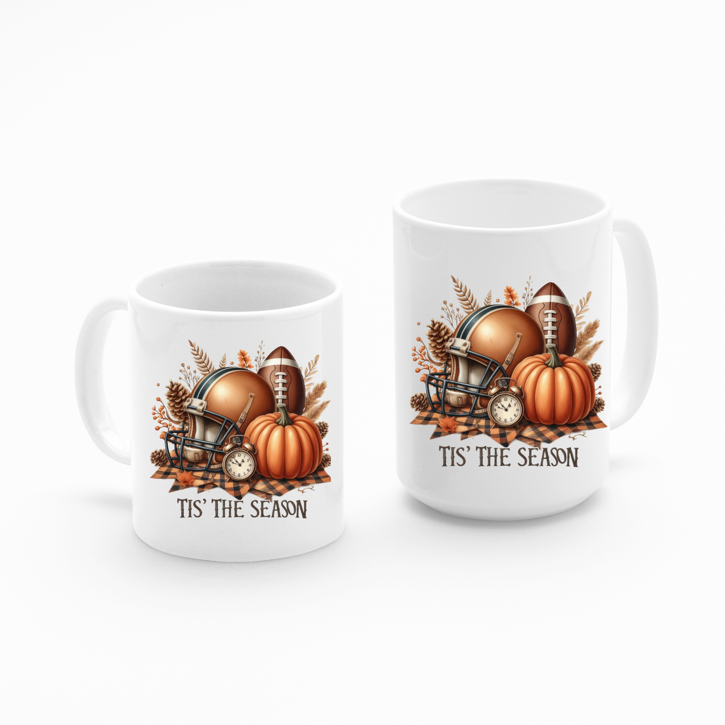 The Tis' the Season Football Mug features cozy autumn designs—football helmet, pumpkins, and fall leaves—plus “Tis' the Season” text. Enjoy game day vibes with your favorite fall drinks.