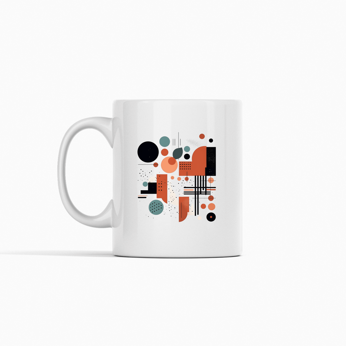The Atomic Sunrise Mid Century Modern Mug is a white ceramic mug featuring a modern abstract design with black, orange, teal, and peach geometric shapes artistically arranged on the front.