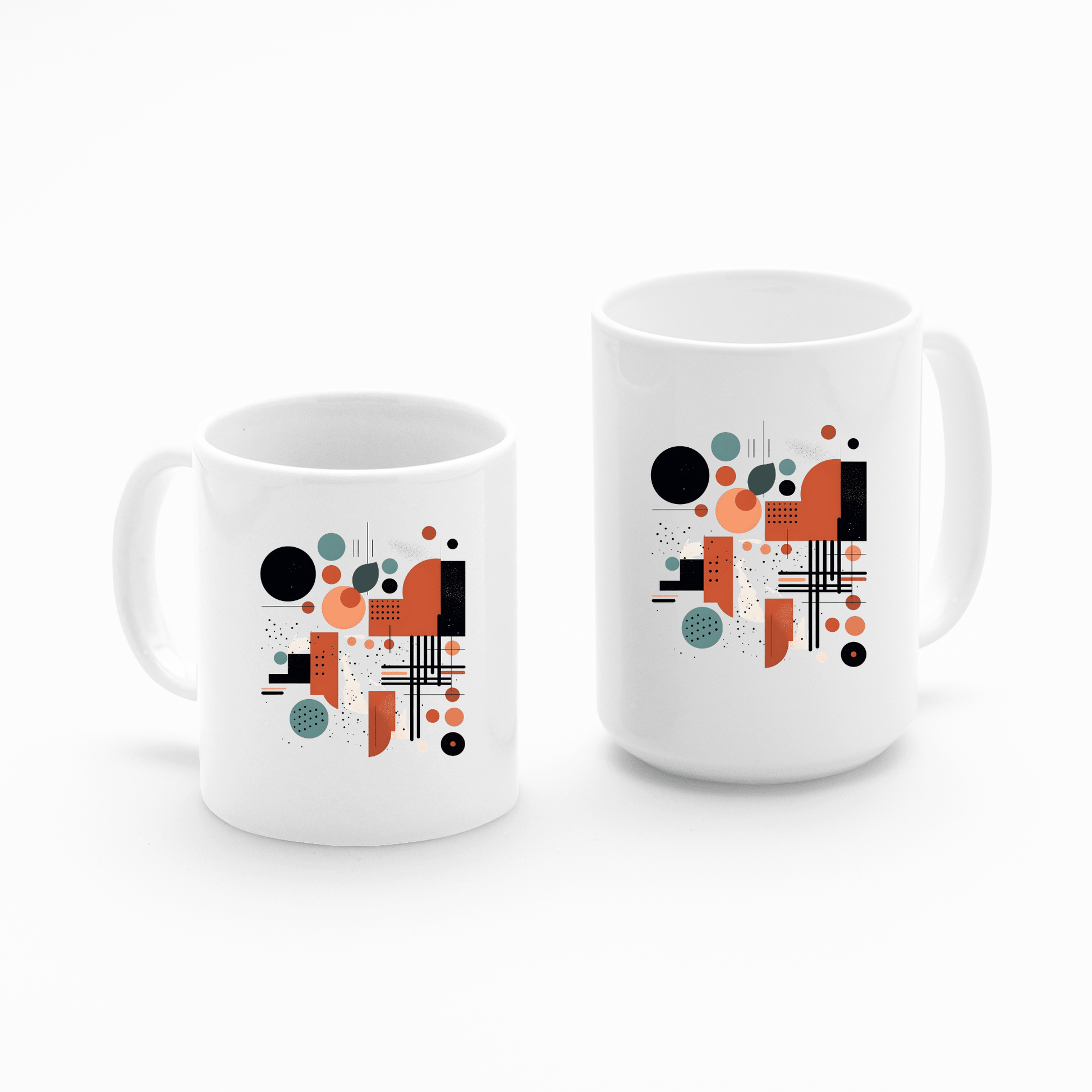 Two Atomic Sunrise Mid Century Modern Mugs, white with black, red, and teal abstract geometric patterns—circles, rectangles, and lines—are displayed side by side on a plain white background.