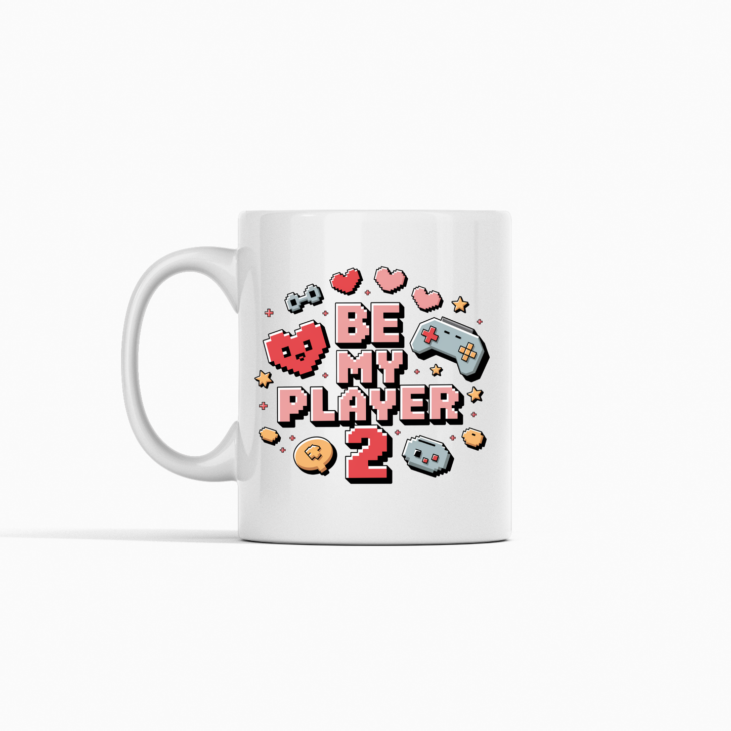 The Be My Player 2 Mug | Gamer Couple Gift is a white mug decorated with pixel art cats, game controllers, hearts, and stars, and features the bold, colorful phrase "Be My Player 2"—making it an ideal gaming gift for your favorite co-op partner.