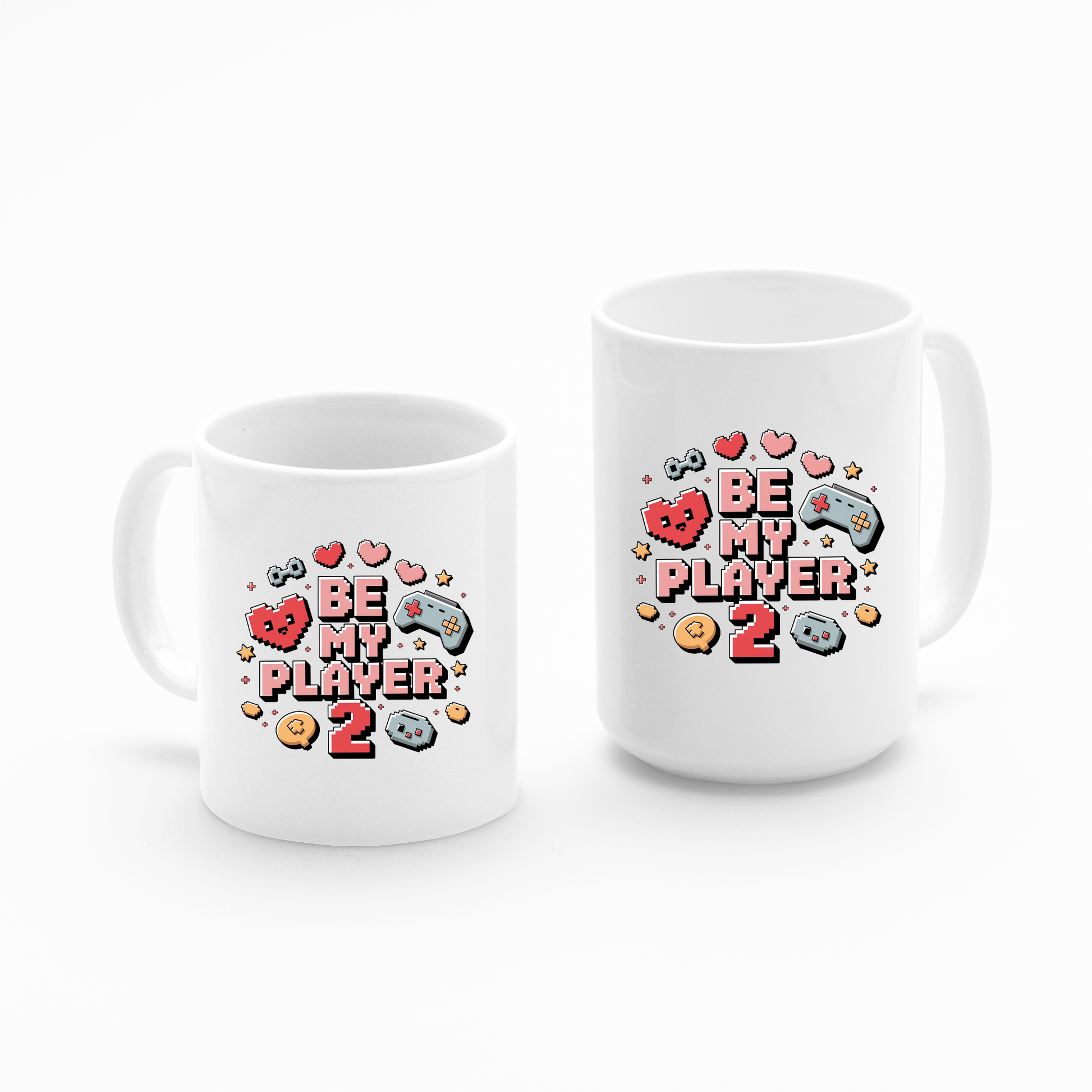 The Be My Player 2 Mug | Gamer Couple Gift set features two white mugs adorned with vibrant pixel art and gaming icons. Each mug displays the bold text "Be My Player 2," surrounded by hearts, stars, and video game controllers—making this set a perfect, thoughtful gift for your favorite co-op companion or gamer couple.