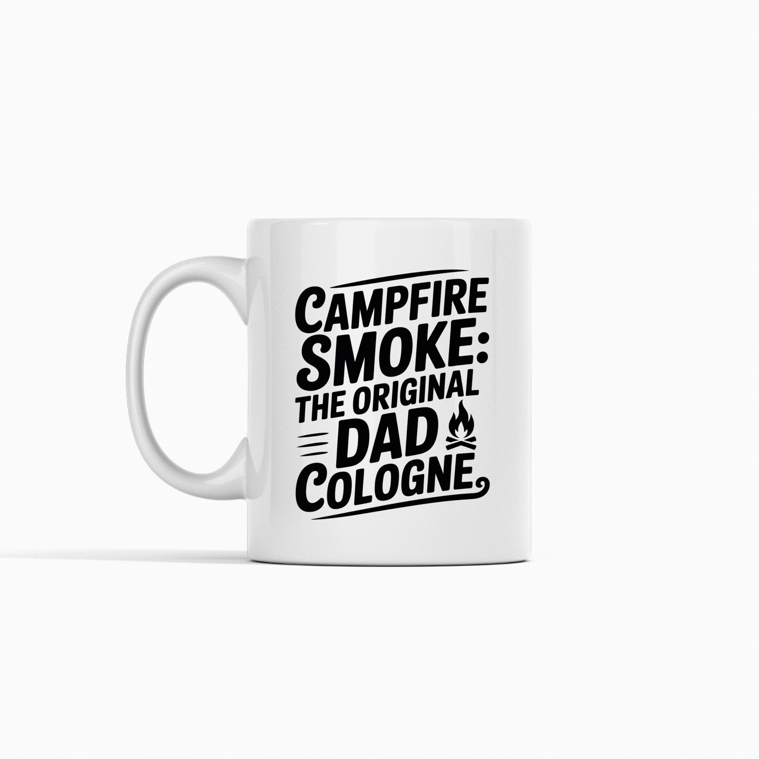 The Campfire Smoke Dad Cologne Mug features black text, "Campfire smoke: the original dad cologne," with a fire icon. It’s a funny camping dad gift and must-have mug for outdoor lovers.