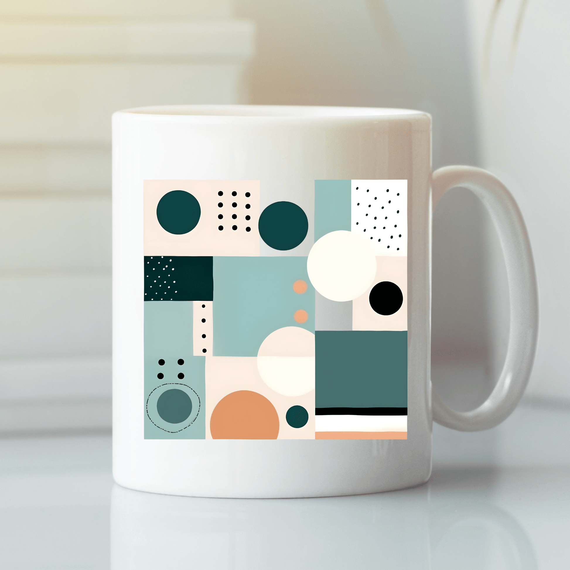 The Coastal Geometry Mid Century Modern Mug features an abstract geometric pattern of circles, rectangles, and dots in teal, beige, black, and white on a white base.