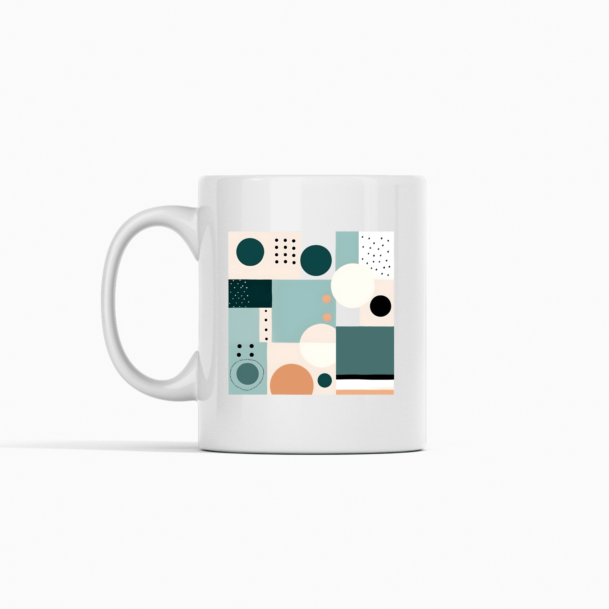 The Coastal Geometry Mid Century Modern Mug features a fresh, stylish geometric design with squares, circles, and dots in teal, peach, beige, and black on a plain white background for a modern abstract look.
