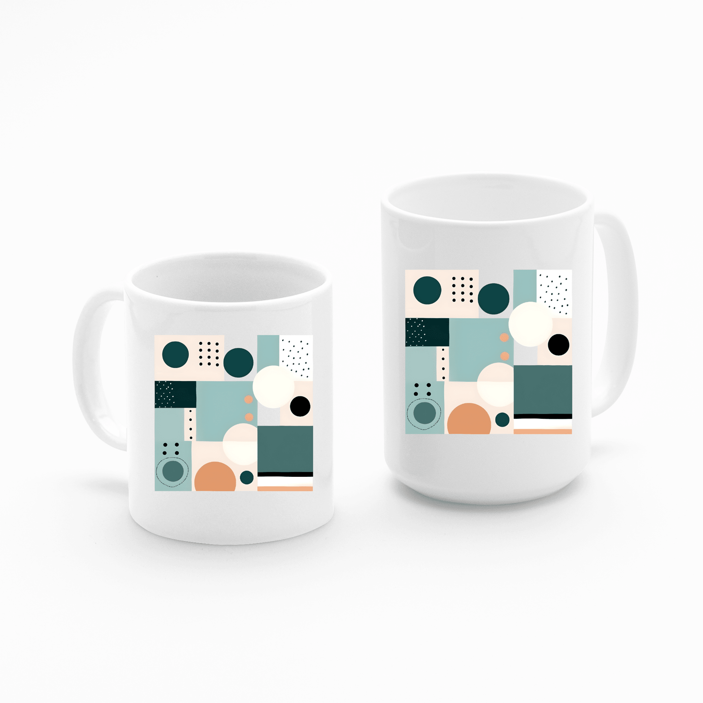 Two Coastal Geometry Mid Century Modern Mugs, featuring a white base with teal, peach, black, and white abstract patterns inspired by mid-century modern design, are displayed side by side on a plain white background.