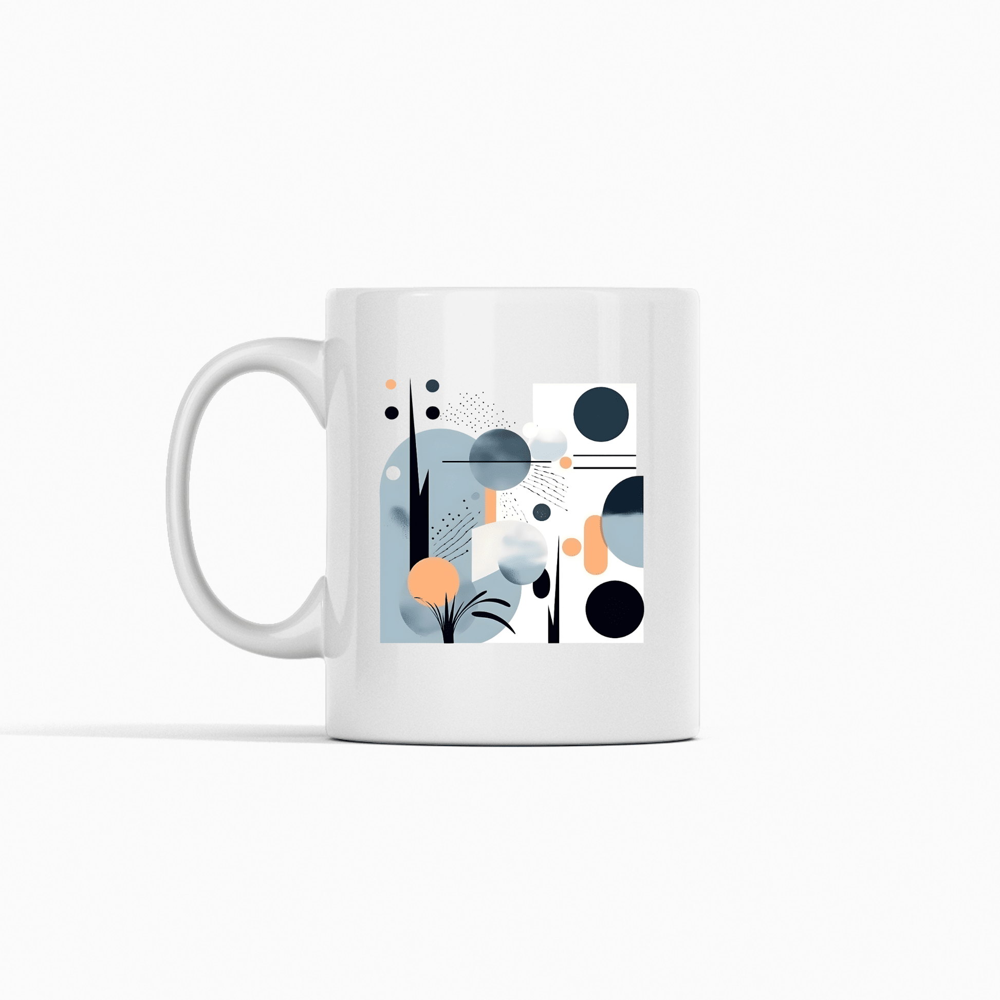 The Coastal Sunrise Mid Century Modern Mug features abstract blue, black, orange, and gray shapes with lines and dots on a white ceramic background. Displayed against a plain white backdrop.