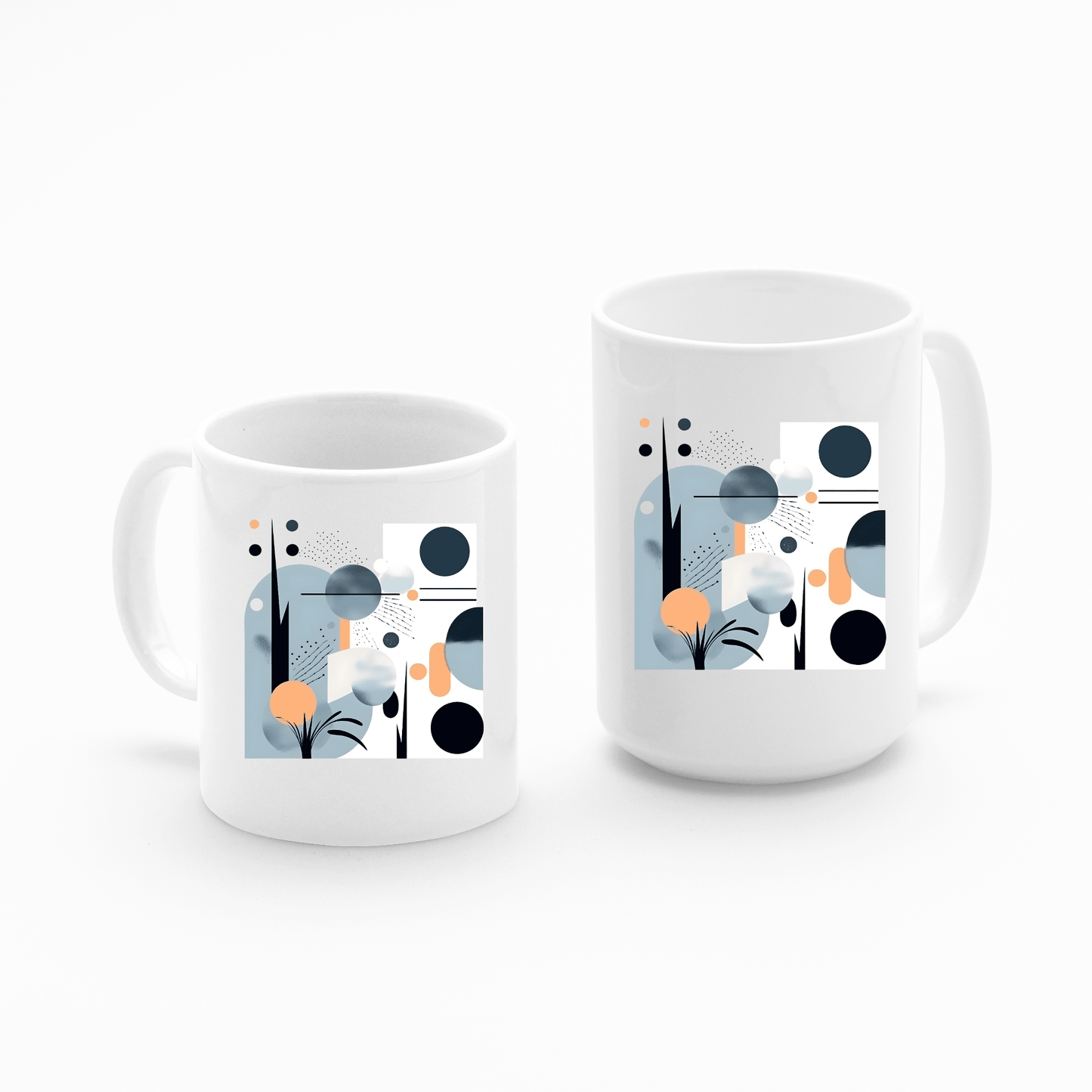 The Coastal Sunrise Mid Century Modern Mug features a white base with modern abstract blue, black, orange, and white geometric shapes and floral elements—ideal for adding a stylish coastal touch to any setting.