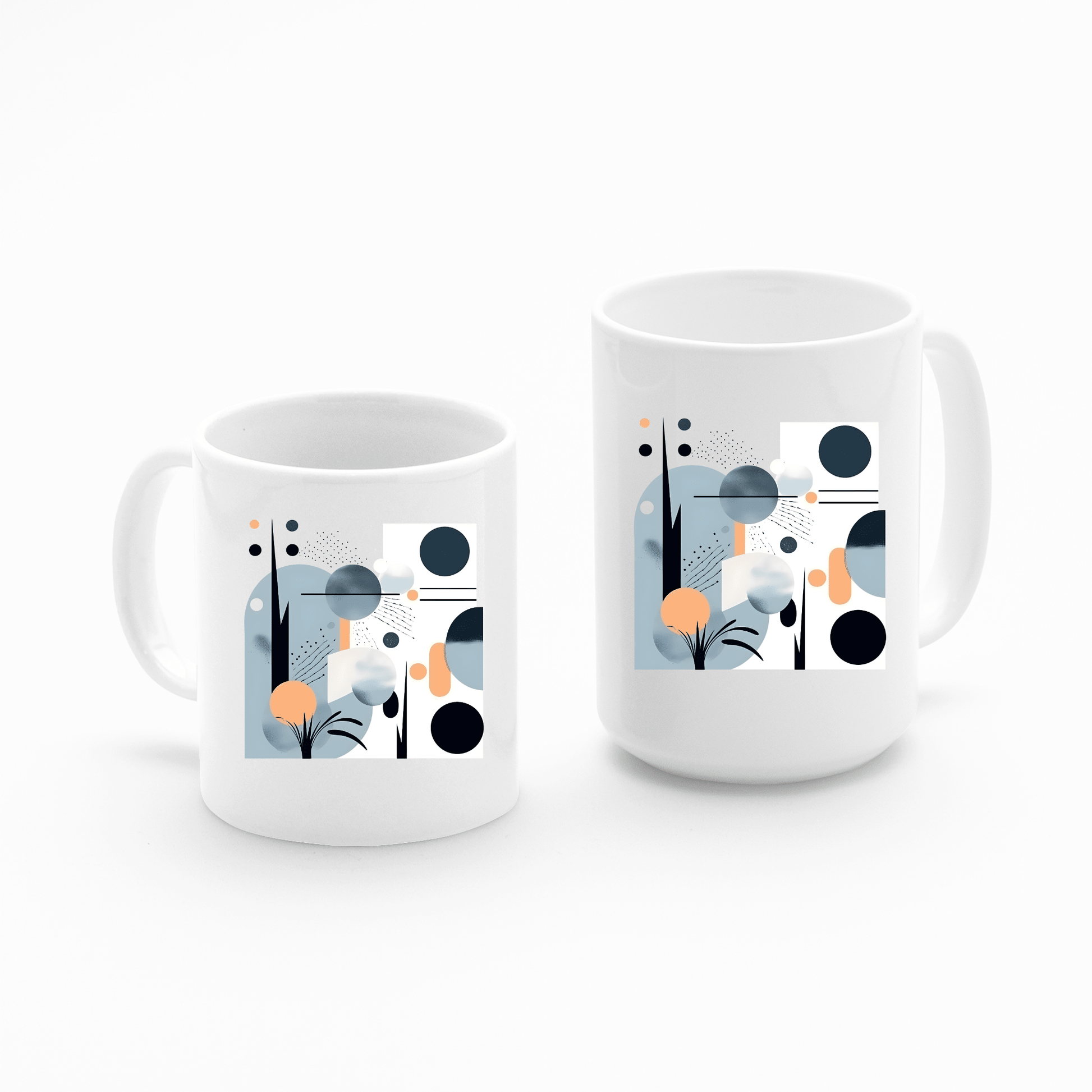 The Coastal Sunrise Mid Century Modern Mug features a white base with modern abstract blue, black, orange, and white geometric shapes and floral elements—ideal for adding a stylish coastal touch to any setting.
