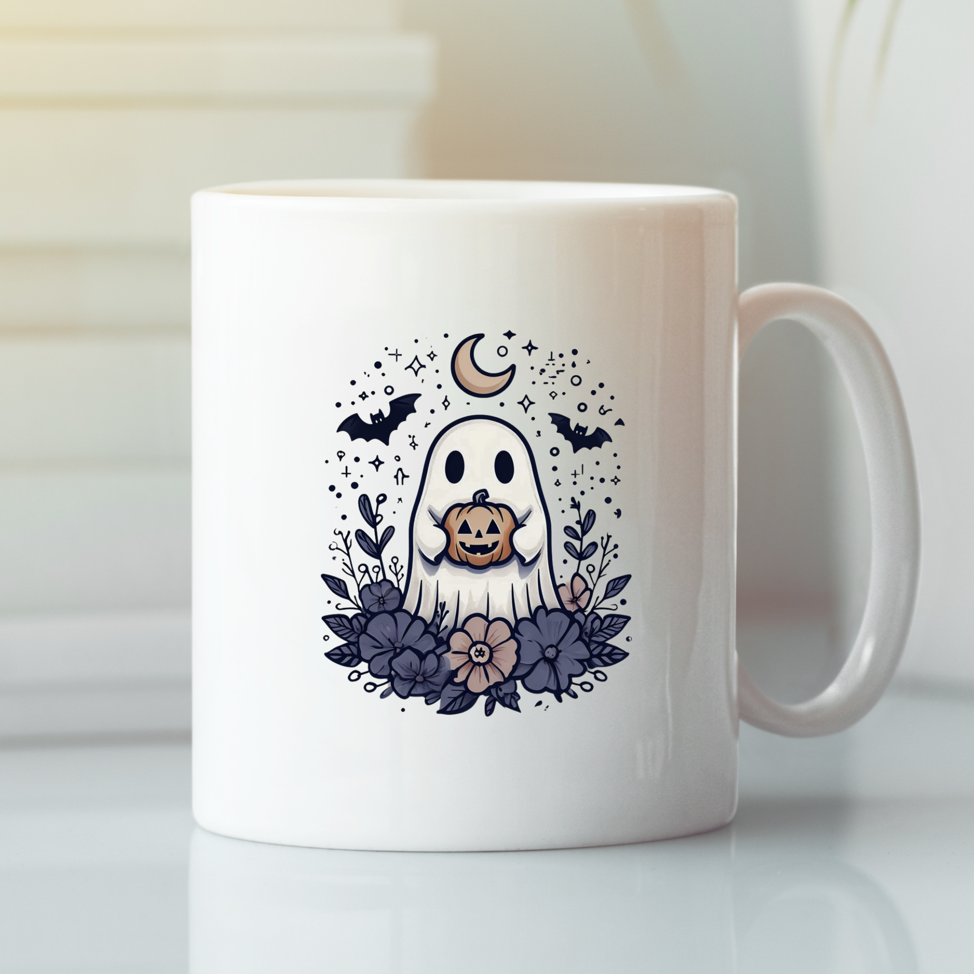 Add a touch of whimsy to your autumn collection with the Cute Halloween Ghost Mug | Spooky Pumpkin Coffee Cup. Featuring an adorable ghost holding a jack-o'-lantern and surrounded by flowers, bats, stars, and a crescent moon, this mug is the perfect choice for your fall coffee ritual or as charming spooky season decor.