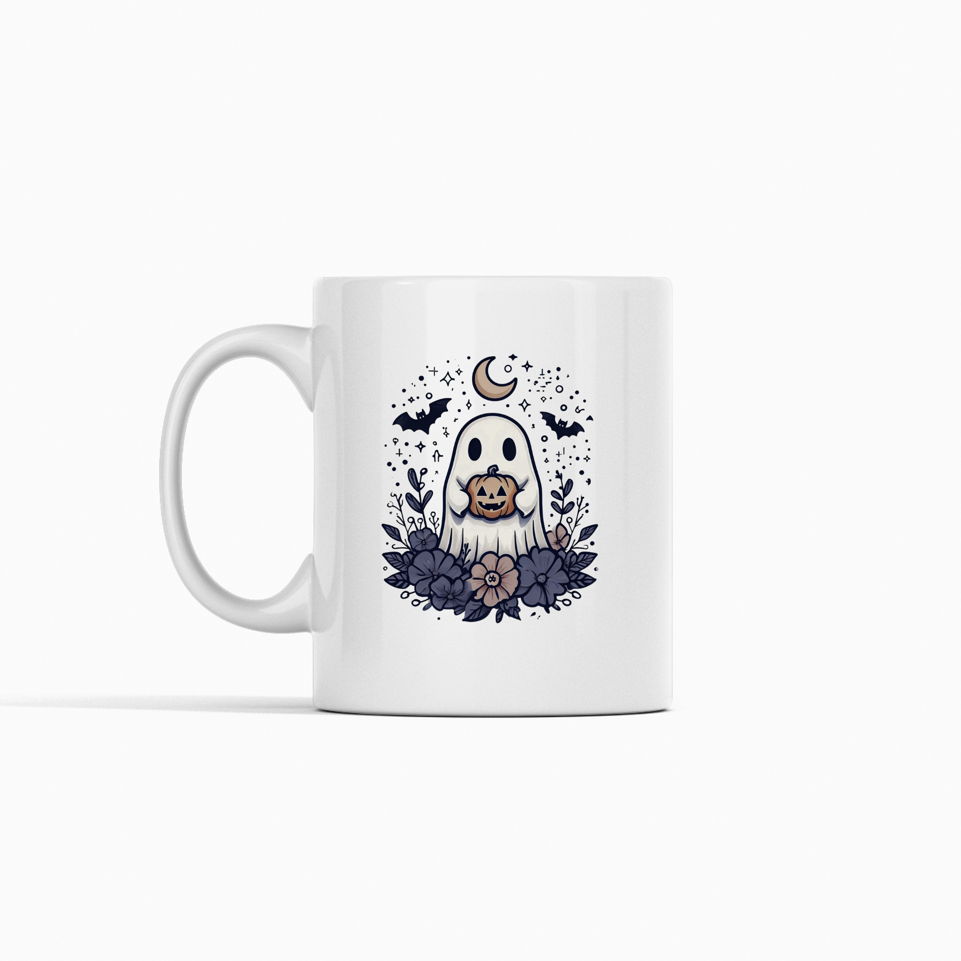 Start your mornings with the Cute Halloween Ghost Mug | Spooky Pumpkin Coffee Cup, featuring an adorable ghost holding a jack-o'-lantern, surrounded by flowers, bats, stars, and a crescent moon on a white background—the perfect spooky season decor for any cute Halloween lover!.