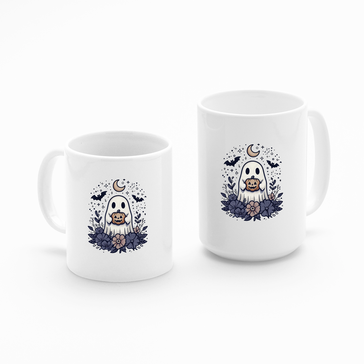A pair of "Cute Halloween Ghost Mug | Spooky Pumpkin Coffee Cup" mugs in white, each featuring a charming design of a dog dressed as a ghost among leaves, flowers, stars, and a crescent moon. The two mugs are different sizes and sit side by side—perfect for autumn coffee or adding cute Halloween ghost mug flair to your spooky season decor.