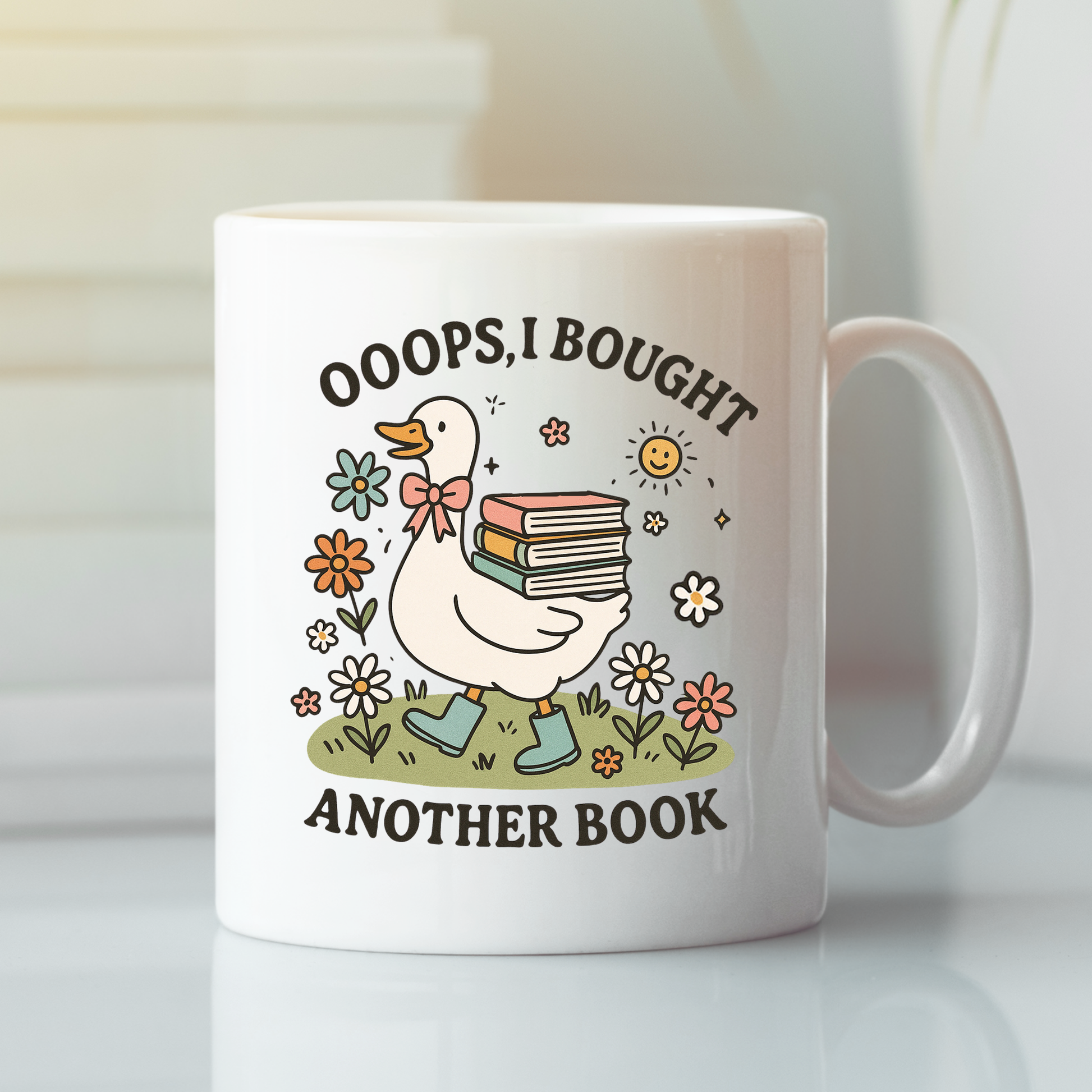 The Book Lover Mug | Ooops, I Bought Another Book Goose is a white cottagecore mug featuring a goose in boots with books, flowers, and sunshine—an ideal gift for book lovers.