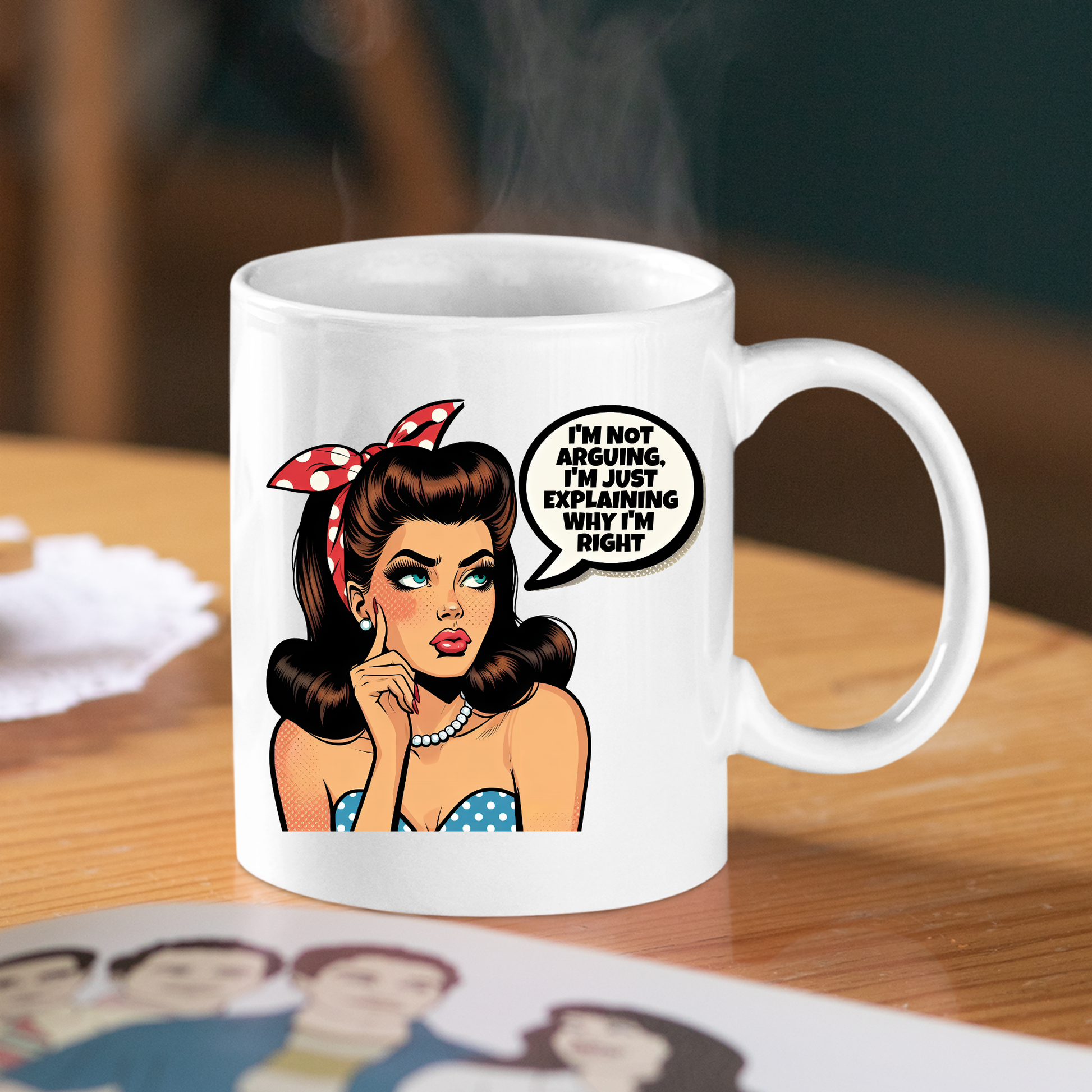The Explaining Why I’m Right Mug is a vintage pop art coffee cup with a retro cartoon woman, red polka-dot headband, blue polka-dot top, and the quote: “I’m not arguing, I’m just explaining why I’m right.” Perfect funny retro gift!.