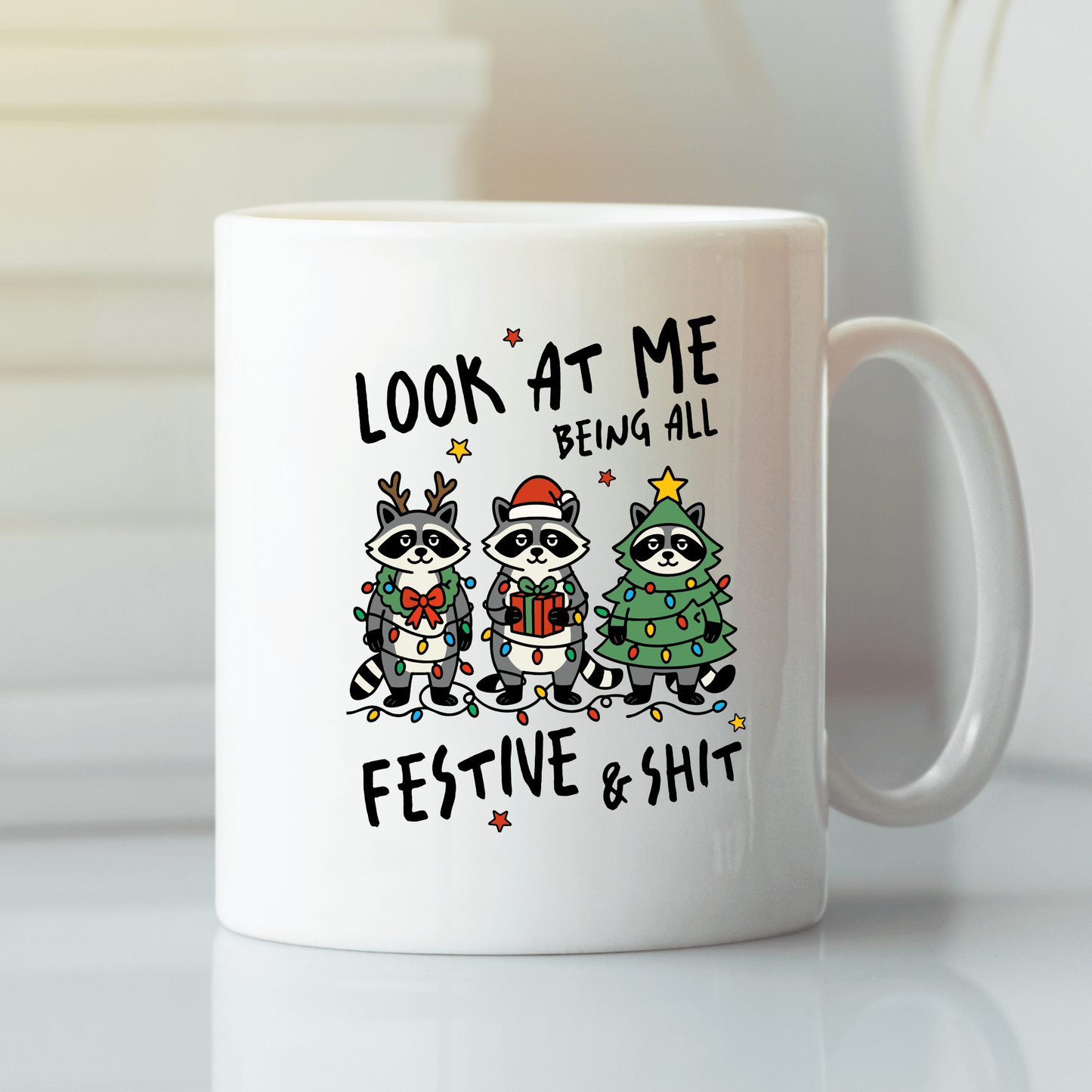 Festive and Shit Raccoon Christmas Mug - Granville Designs