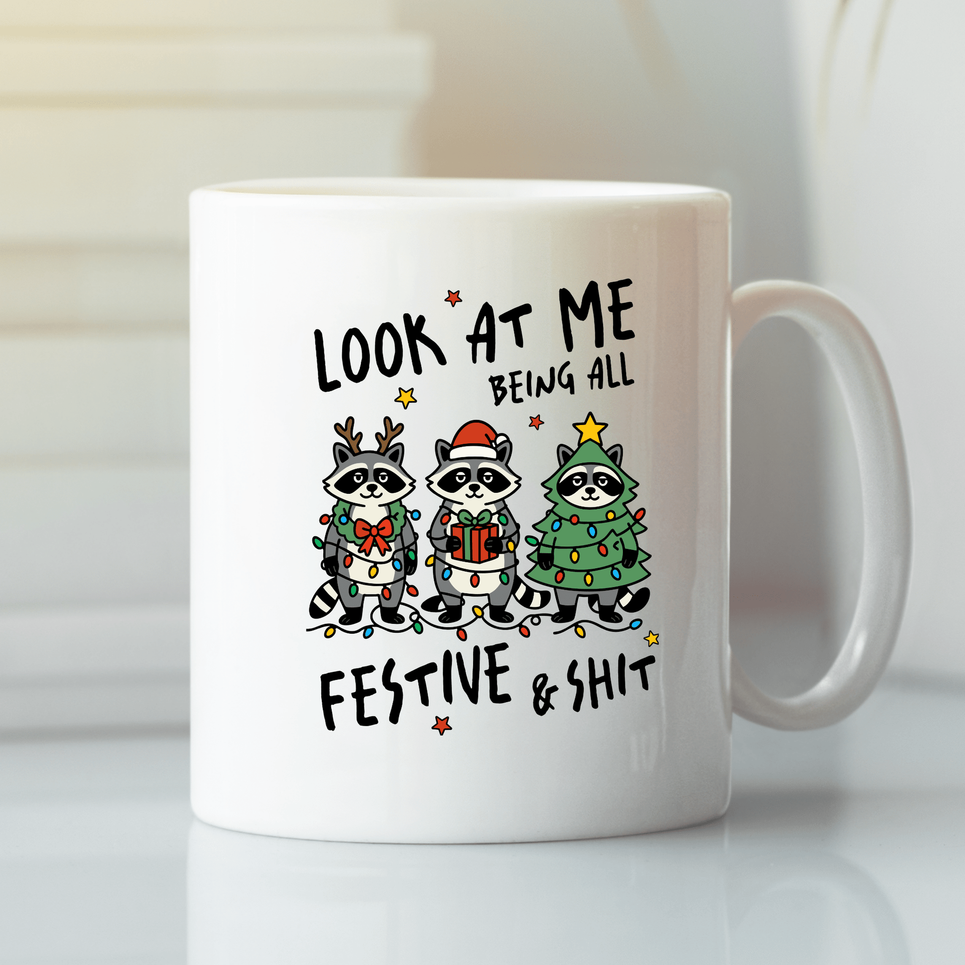 Festive and Shit Raccoon Christmas Mug - Granville Designs