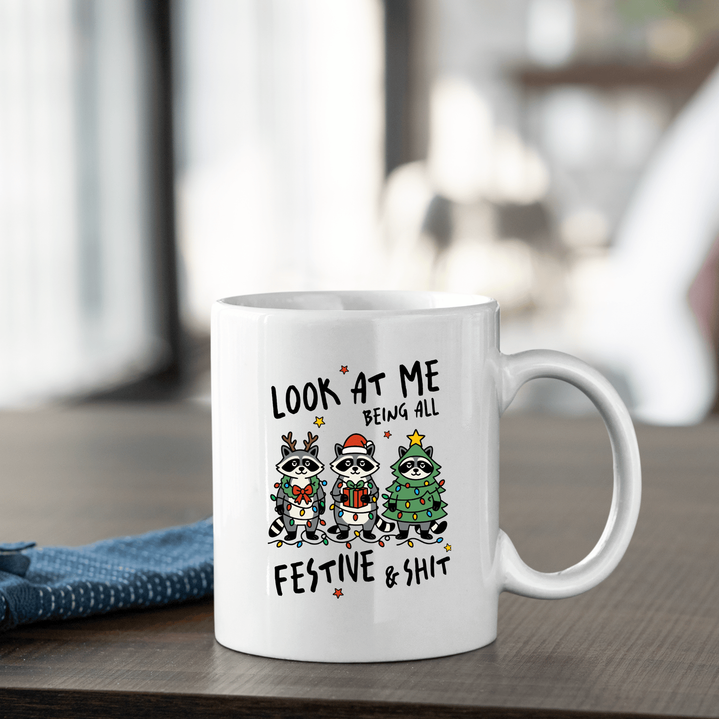 Festive and Shit Raccoon Christmas Mug - Granville Designs