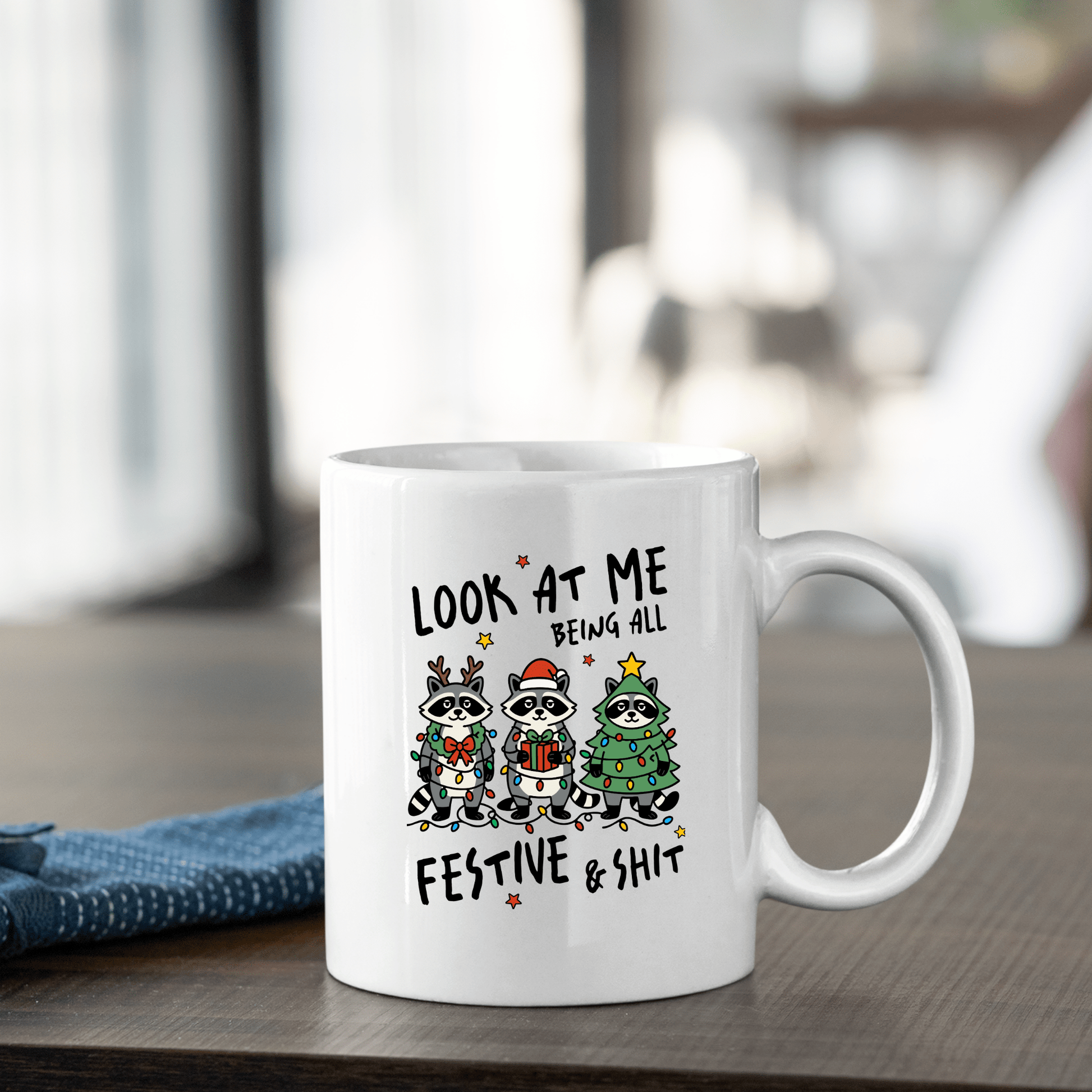 Festive and Shit Raccoon Christmas Mug - Granville Designs