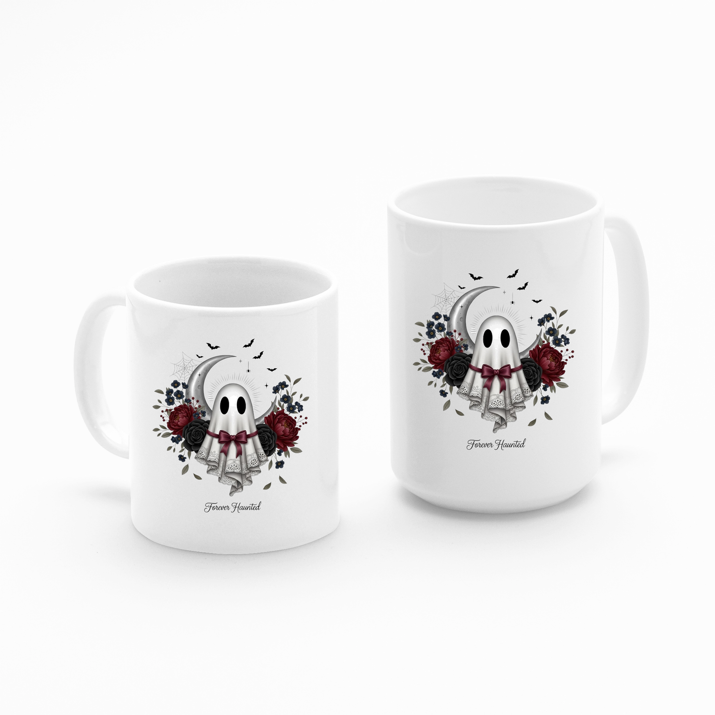 Introducing the Forever Haunted Ghost Mug | Gothic Halloween Coffee Mug set: two white mugs featuring a whimsical ghost illustration, red roses, and a crescent moon. The phrase "From Yourselves" accents the design beneath the artwork. Perfect for bringing charming gothic style to your coffee routine, these stylish Halloween mugs are beautifully displayed side by side against a white background, blending spooky and elegant vibes.