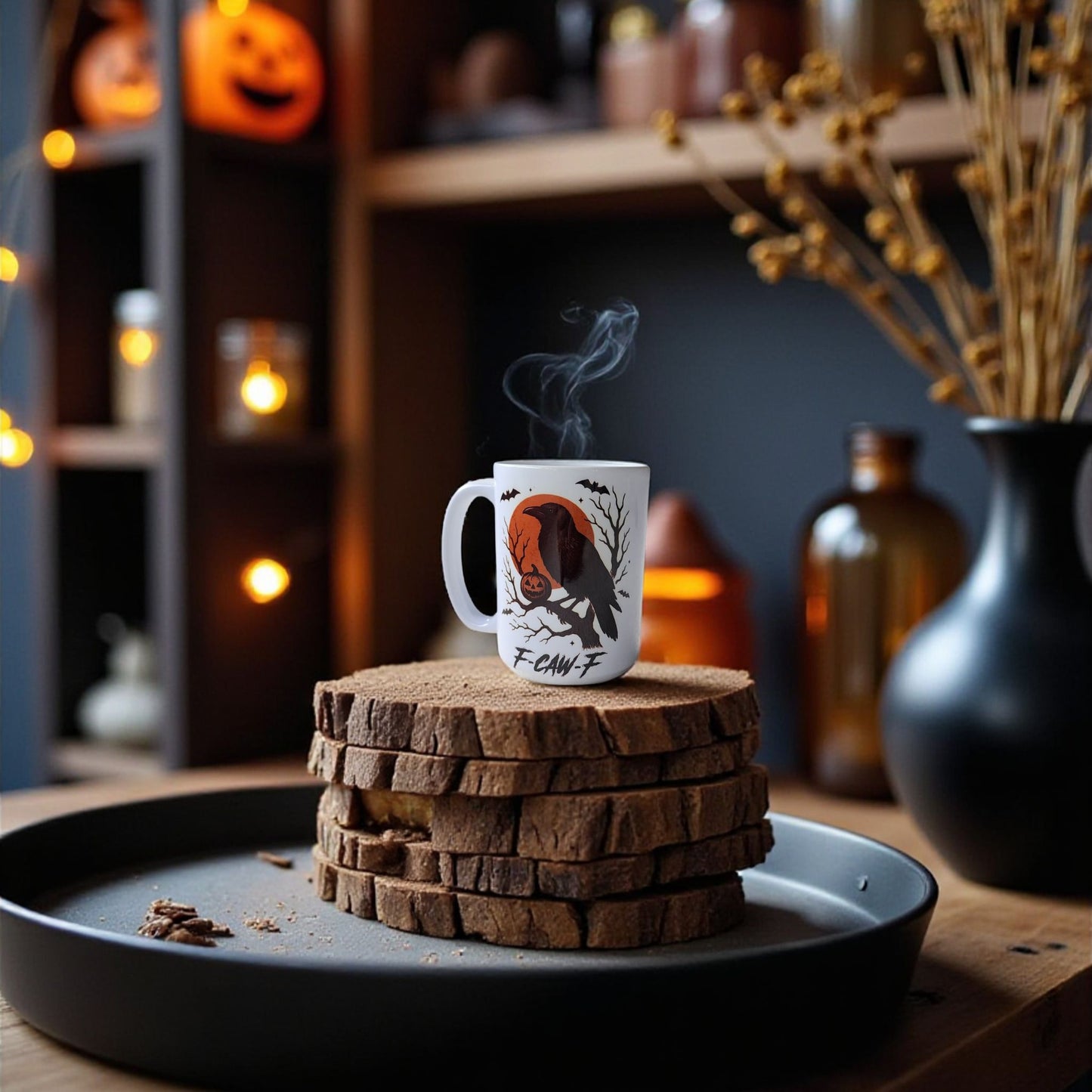 The F-CAW-F Raven Mug | Gothic Halloween Coffee Cup, with its crow design, sits among pumpkins and autumn décor in a cozy kitchen—a spooky gift perfect for Halloween season.