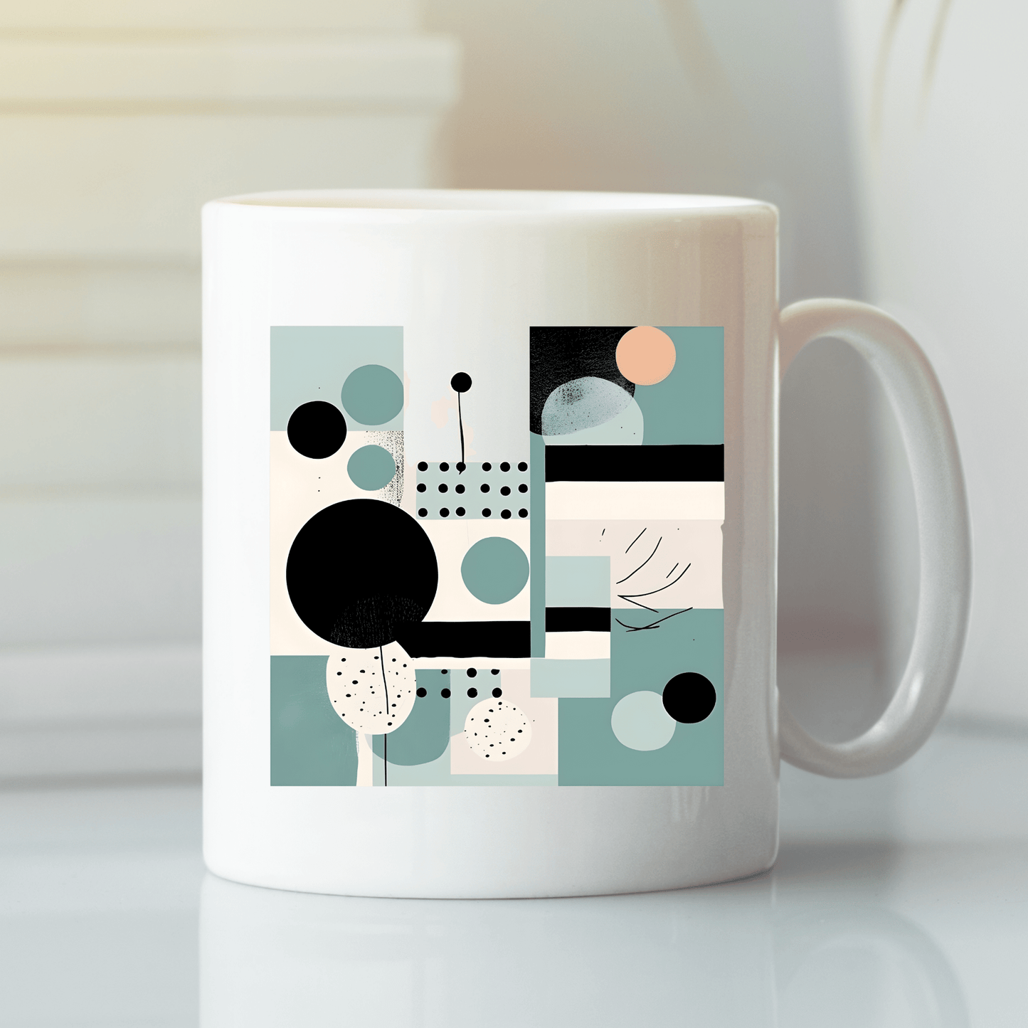 The Harbor Morning Mid Century Modern Mug features a geometric abstract design with circles, dots, and lines in teal, black, beige, and peach on a light background.