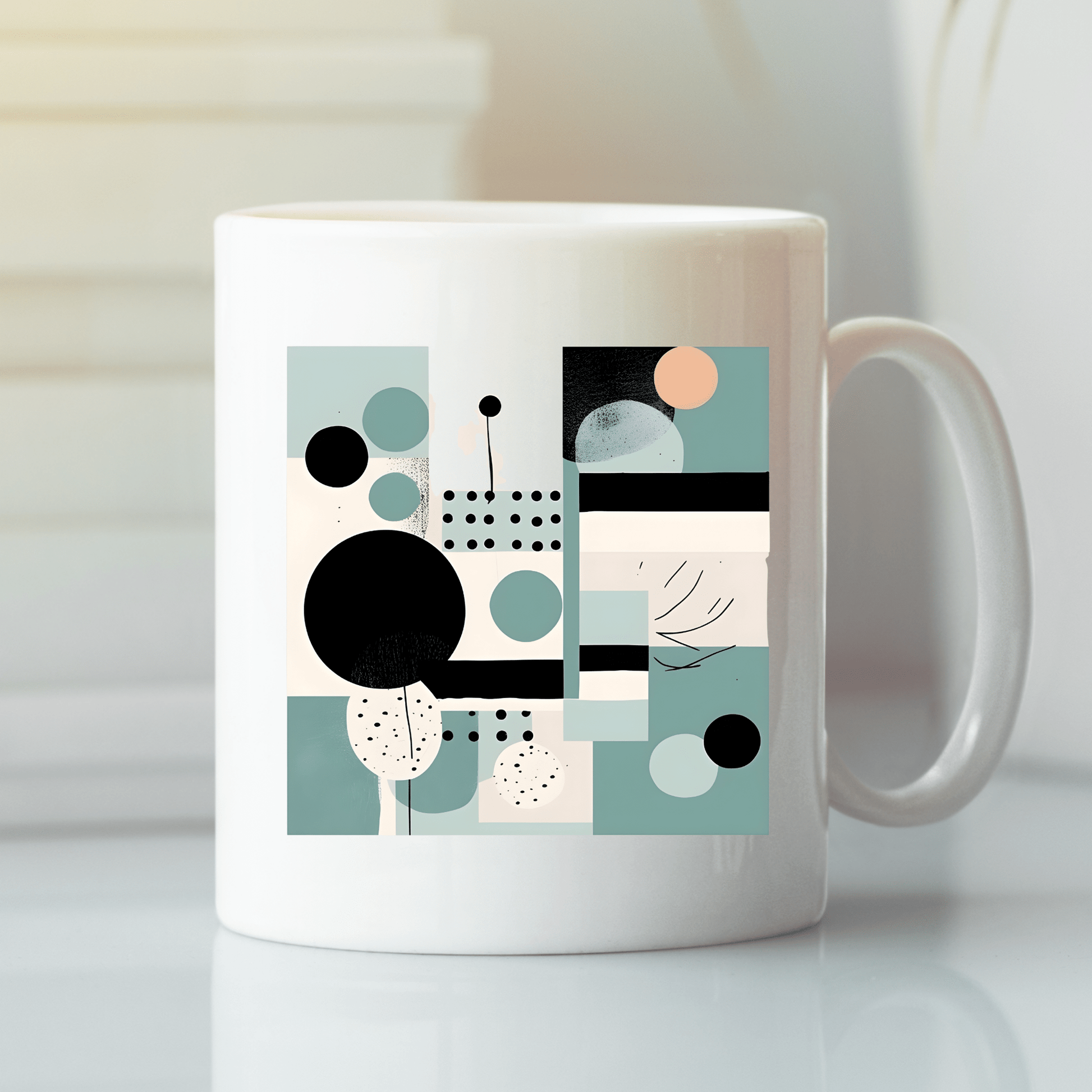 The Harbor Morning Mid Century Modern Mug features a geometric abstract design with circles, dots, and lines in teal, black, beige, and peach on a light background.