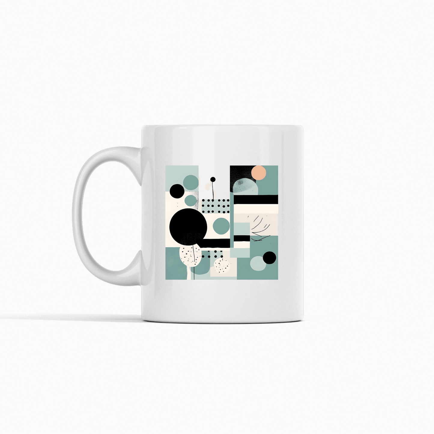 The Harbor Morning Mid Century Modern Mug is a white ceramic mug with an abstract geometric design in black, teal, and beige—ideal as a fresh spring geometric accent for your home decor.