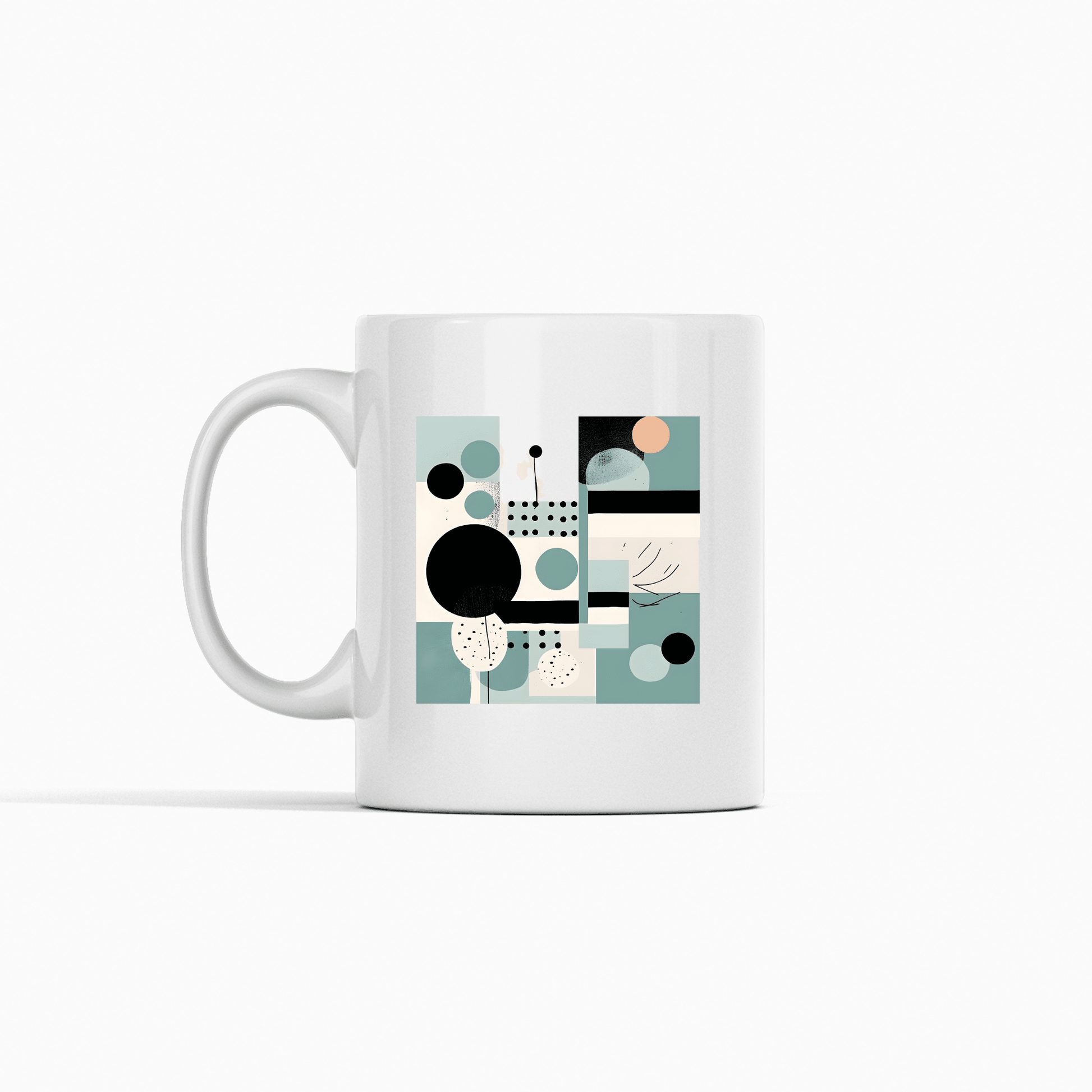 The Harbor Morning Mid Century Modern Mug is a white ceramic mug with an abstract geometric design in black, teal, and beige—ideal as a fresh spring geometric accent for your home decor.