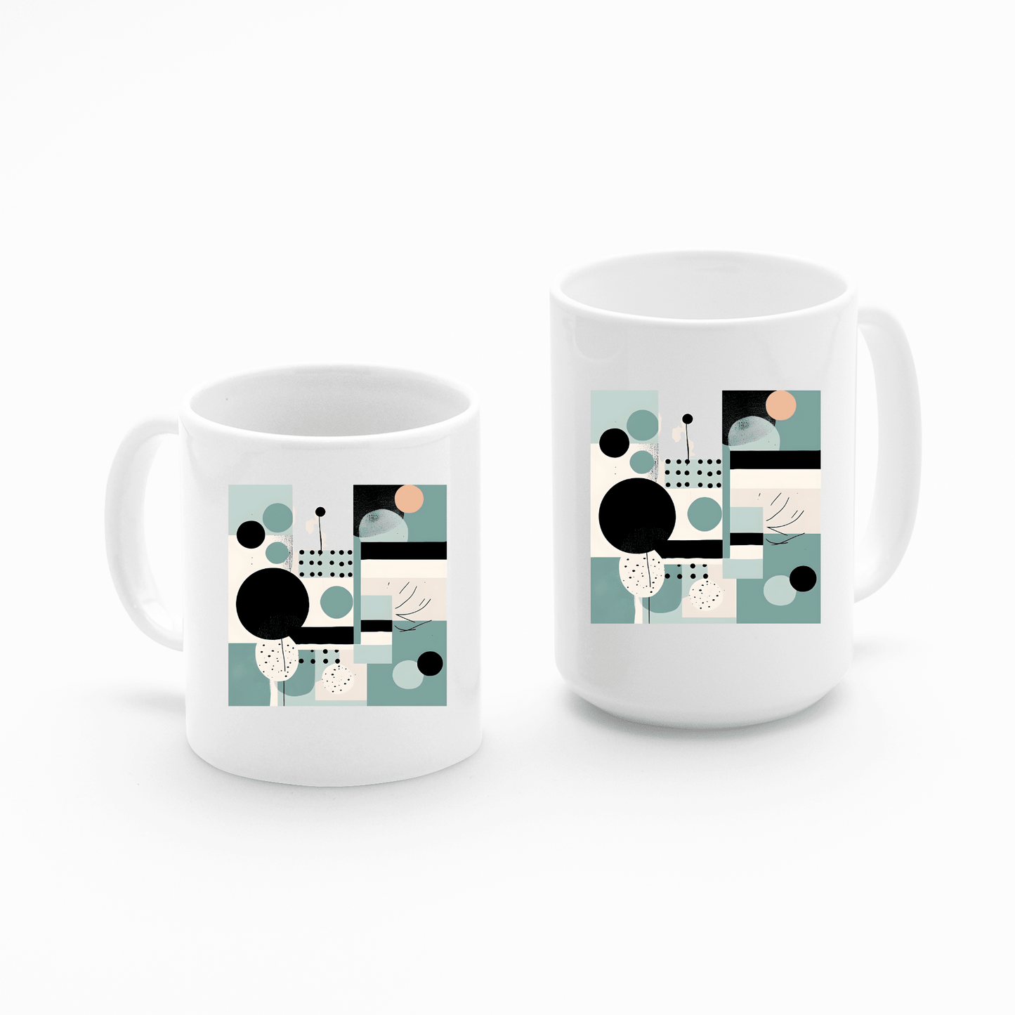 Two Harbor Morning Mid Century Modern Mugs are shown, each with a handle and an abstract geometric pattern in black, teal, cream, and peach—ideal for spring home decor.