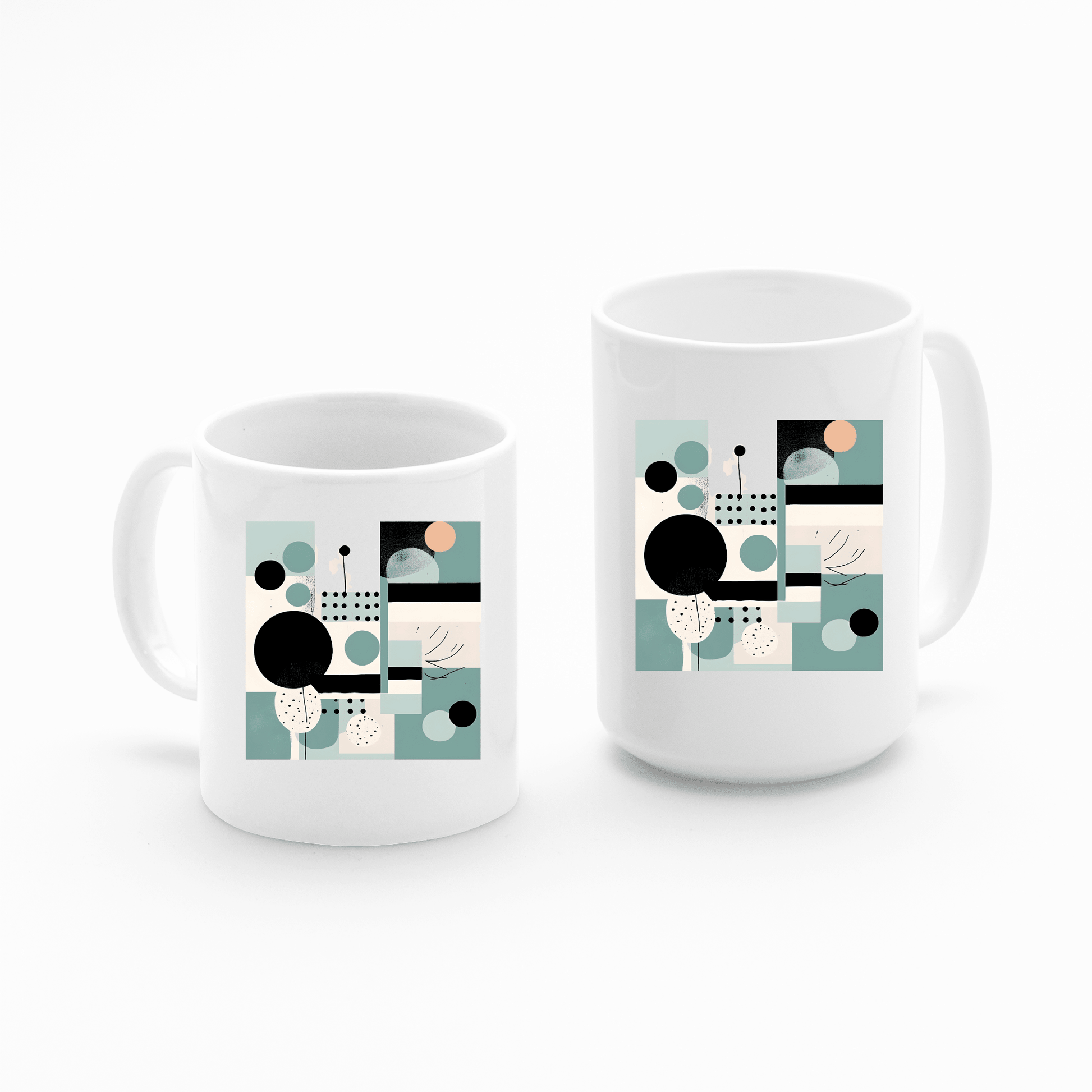 Two Harbor Morning Mid Century Modern Mugs are shown, each with a handle and an abstract geometric pattern in black, teal, cream, and peach—ideal for spring home decor.