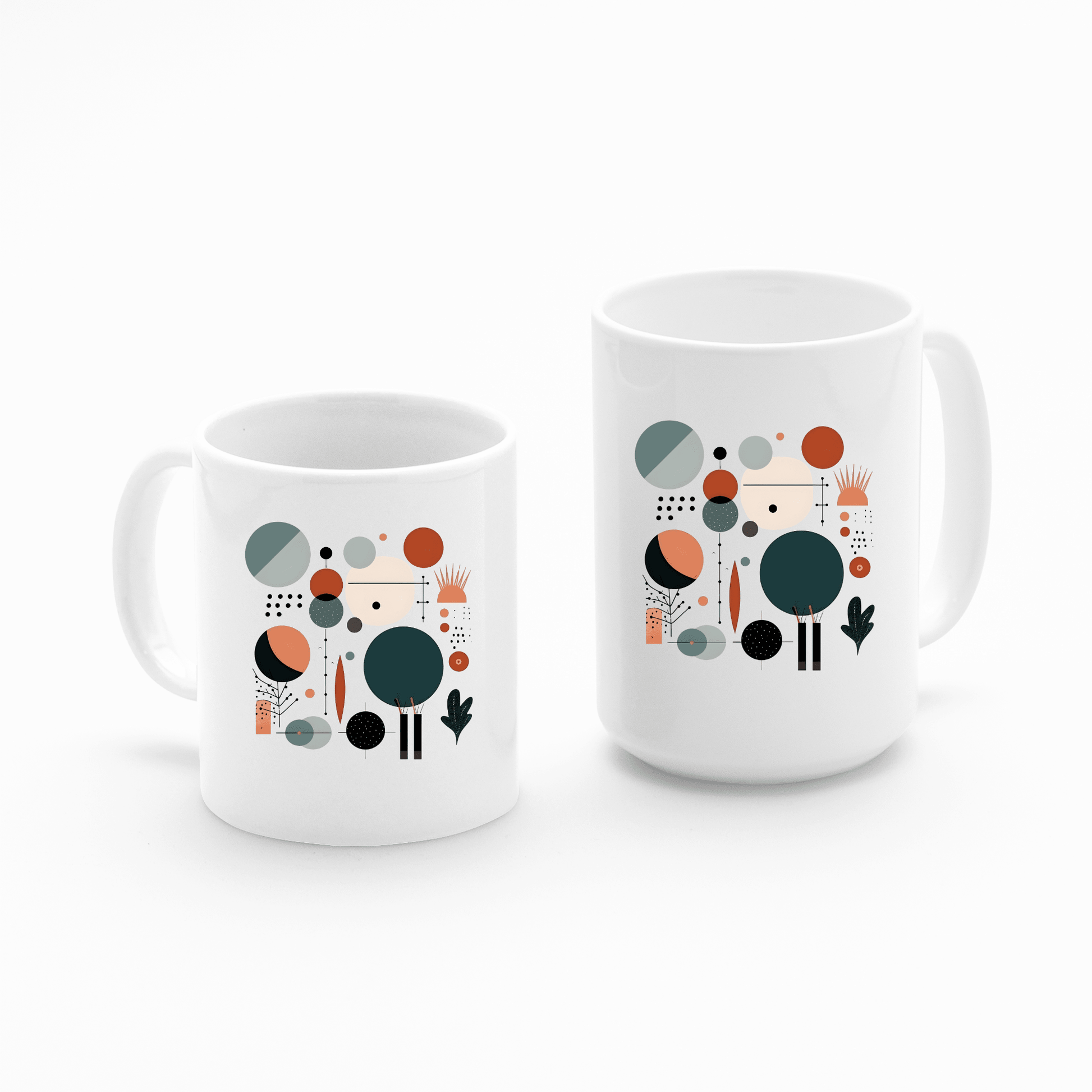 The Harvest Sun Mid Century Modern Mug set includes two white ceramic mugs of different sizes, decorated with retro-modern geometric patterns in green, peach, black, and gray—featuring circles, lines, and plant shapes for a stylish touch.