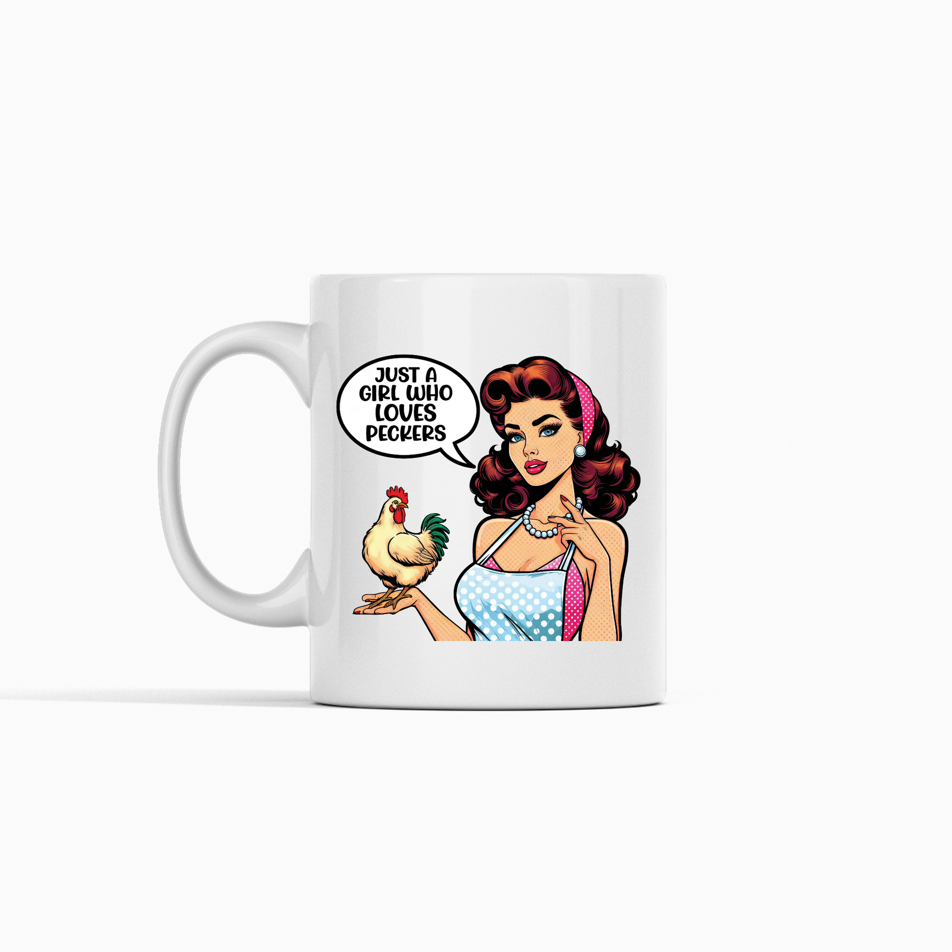 The Chicken Lover Mug | Just a Girl Who Loves Peckers features a retro woman holding a rooster with the quote "Just a girl who loves peckers"—a fun, chicken-themed gift for any poultry enthusiast.