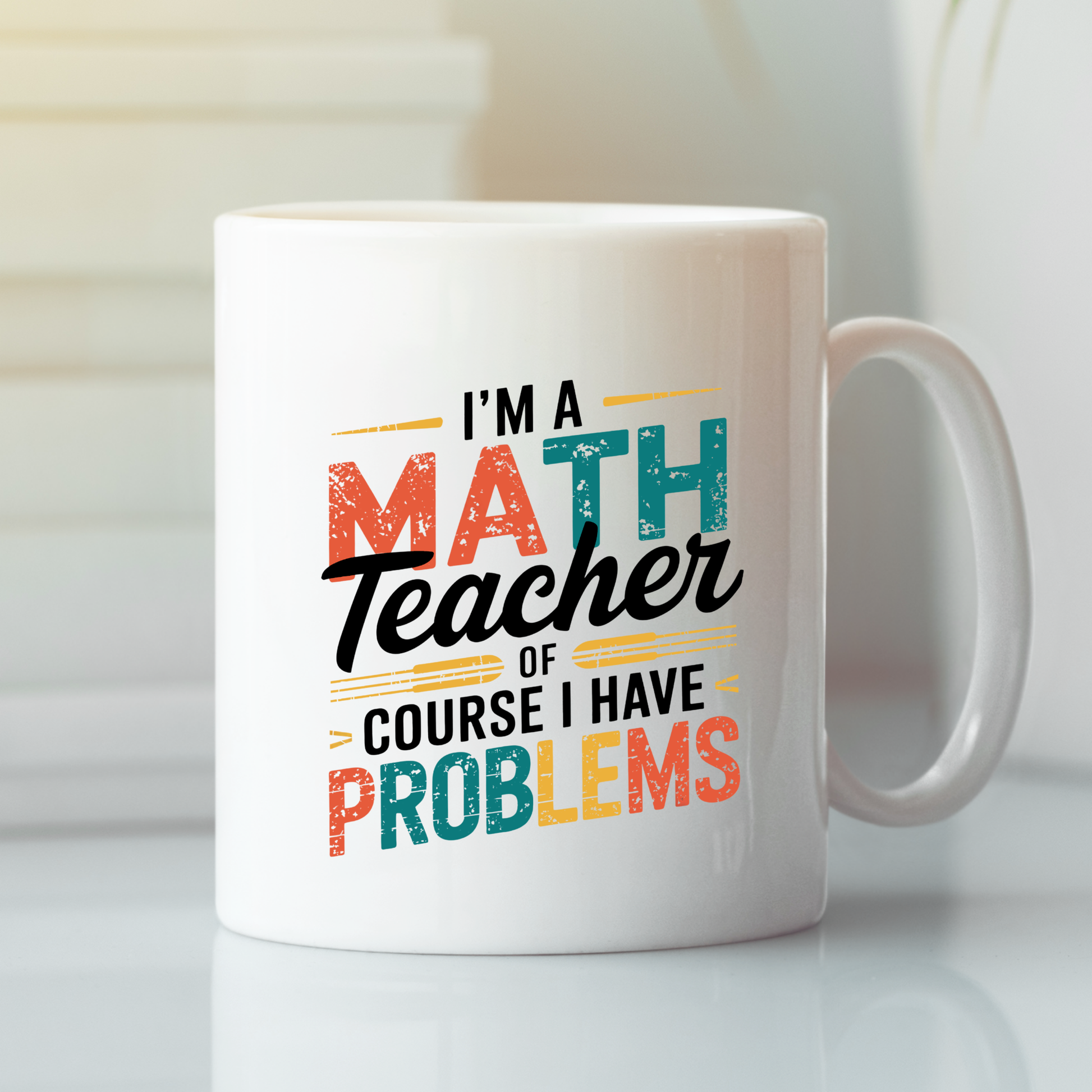 The "I'm A Math Teacher Of Course I Have Problems" Teacher Mug features bold, colorful text and makes a perfect gift for math teachers or for teacher appreciation. The white mug is both thoughtful and fun.
