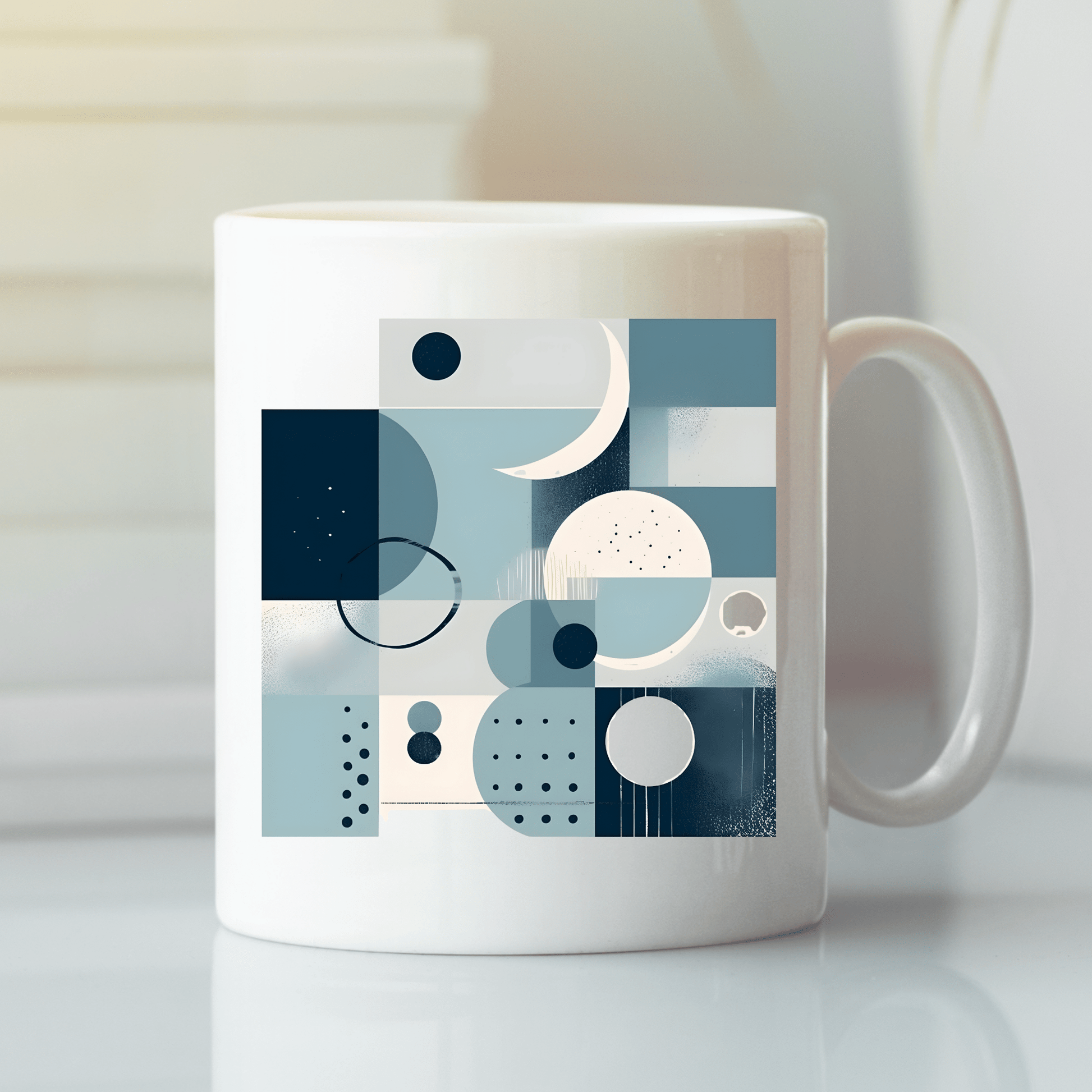 The Moonlit Geometry Mid Century Modern Mug, featuring a blue and gray abstract design with squares, circles, and dots, sits on a white surface against a blurred background.