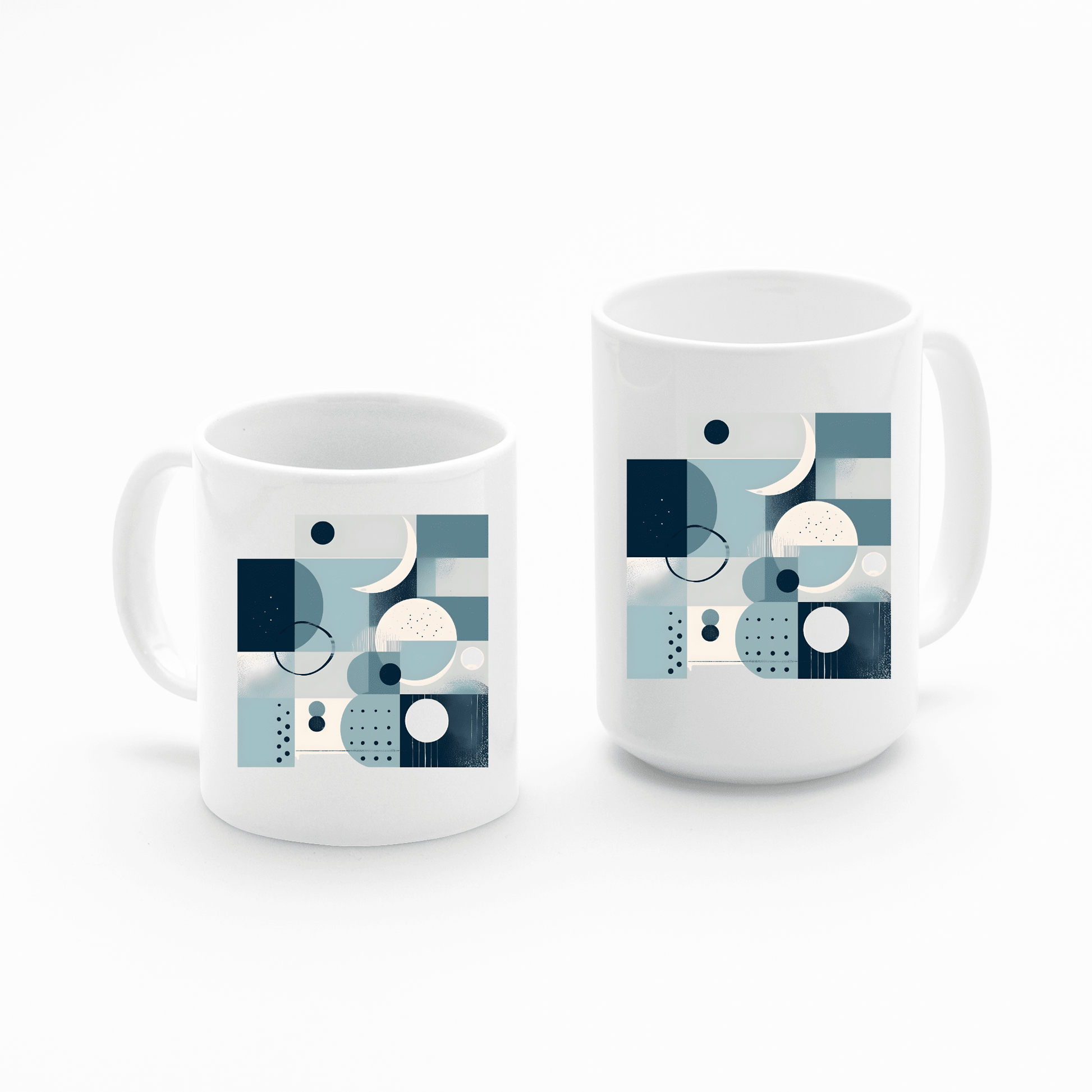 Two white ceramic Moonlit Geometry Mid Century Modern mugs, with blue-toned geometric patterns of circles, squares, and lines, are shown on a plain white background. One celestial mug is taller than the other.