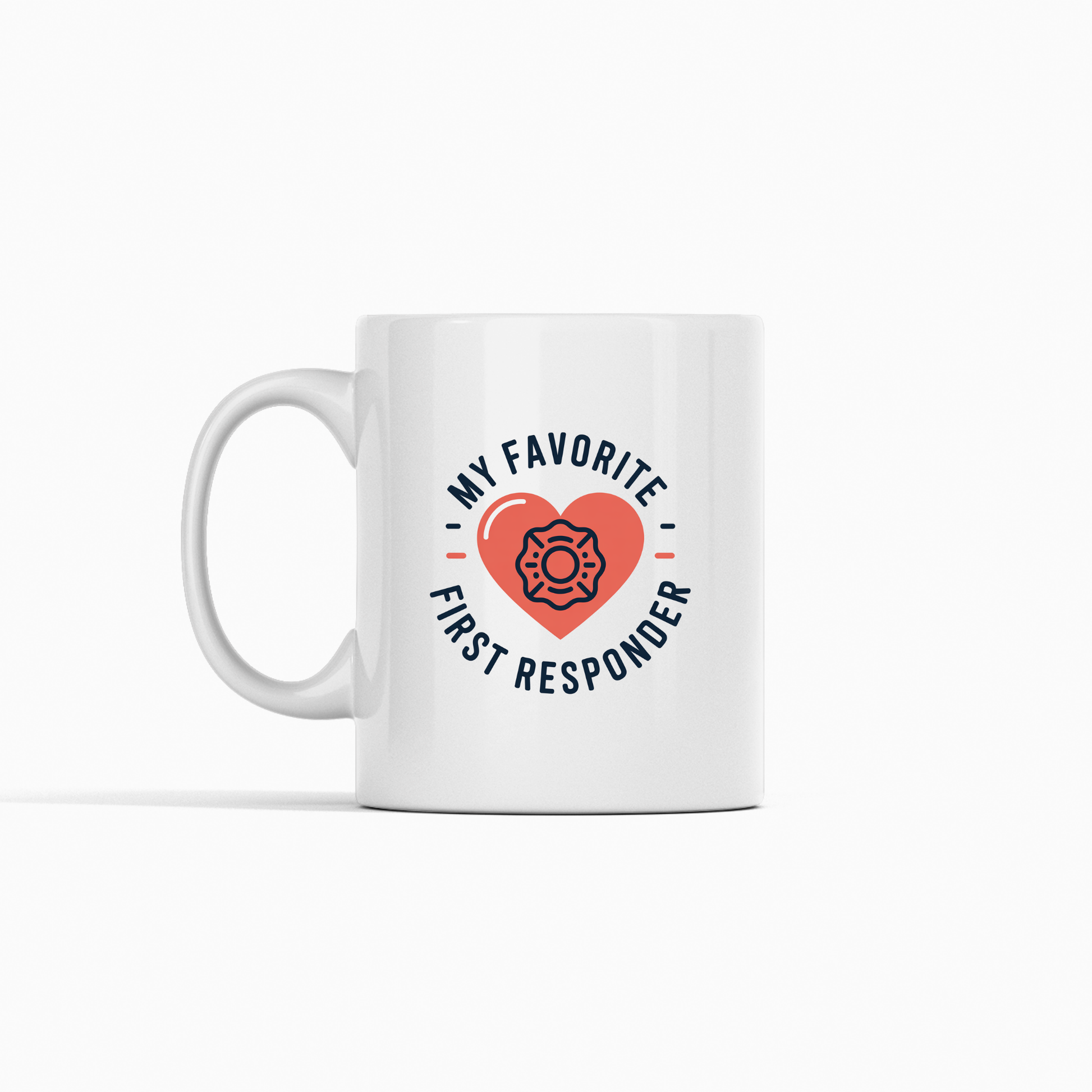 Presenting the "My Favorite First Responder Mug | Appreciation Gift": a white mug featuring a bold red heart with a firefighter emblem at its center. Encircling the heart is the phrase “My Favorite First Responder.” The simple, centered design makes this an ideal first responder mug and a thoughtful appreciation gift for firefighters and other heroes.