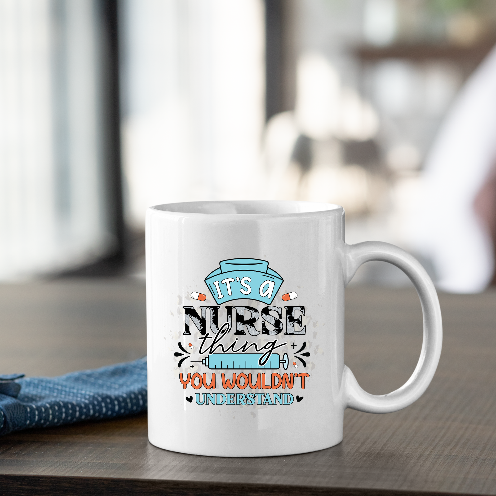 The Funny Nurse Mug Gift features "It's a nurse thing, you wouldn't understand" with decorative text and a blue nursing cap—a perfect gift for any healthcare hero.